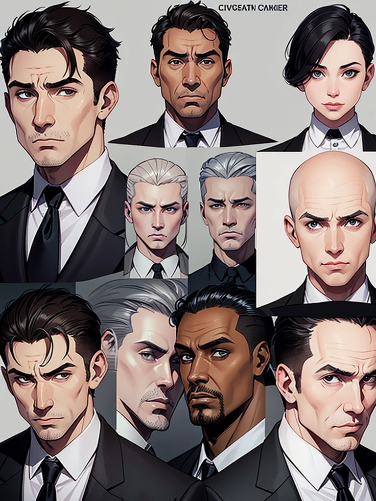 Cuvugar Trimes, a human male 45 year old police investigator, white skin, brown eyes and a face with no scars, (grey) short hair style. Wearing a dark suit from the current era in a white background only. Multiple angles and expressions, concept design sheet, comic book style