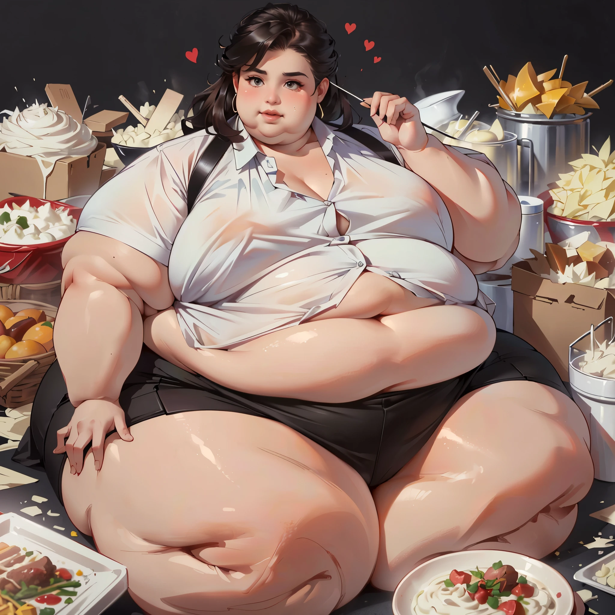 (masterpiece, best quality, highres:1.3), ultra realistic, Hispanic Woman, (USSBBW:1.3), (fatblob:1.3), (morbidly obese:1.3), (immobile:1.2), (detailed, beautiful face:1.2), (overreating:1.4), holding food, salivating, sweaty, eyes rolled back, (massive belly:1.2), (double belly:1.2), messy, slob