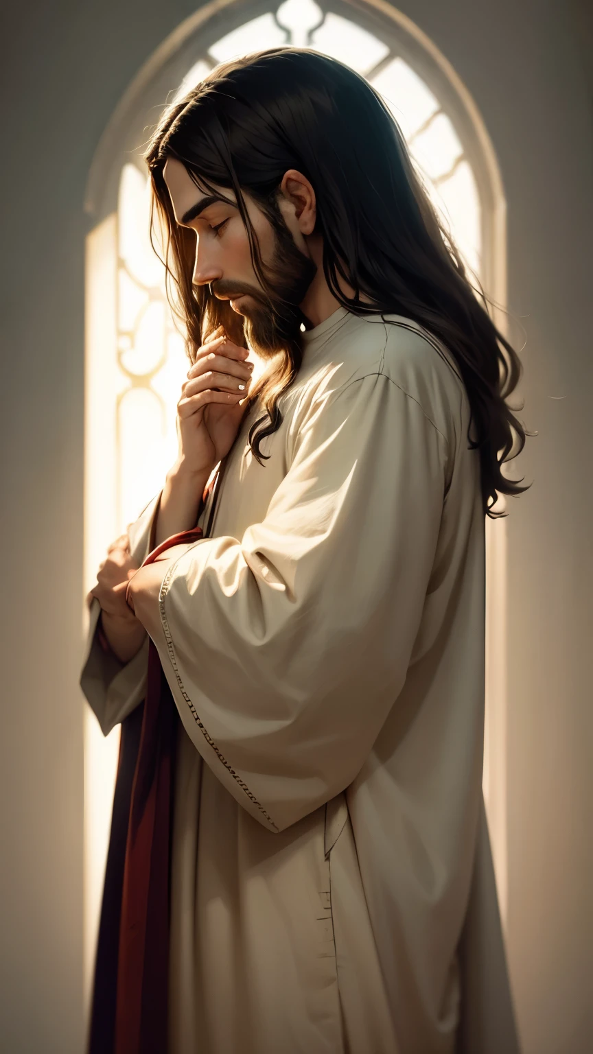 Generate an image: Profile of Jesus, clasped prayer hands