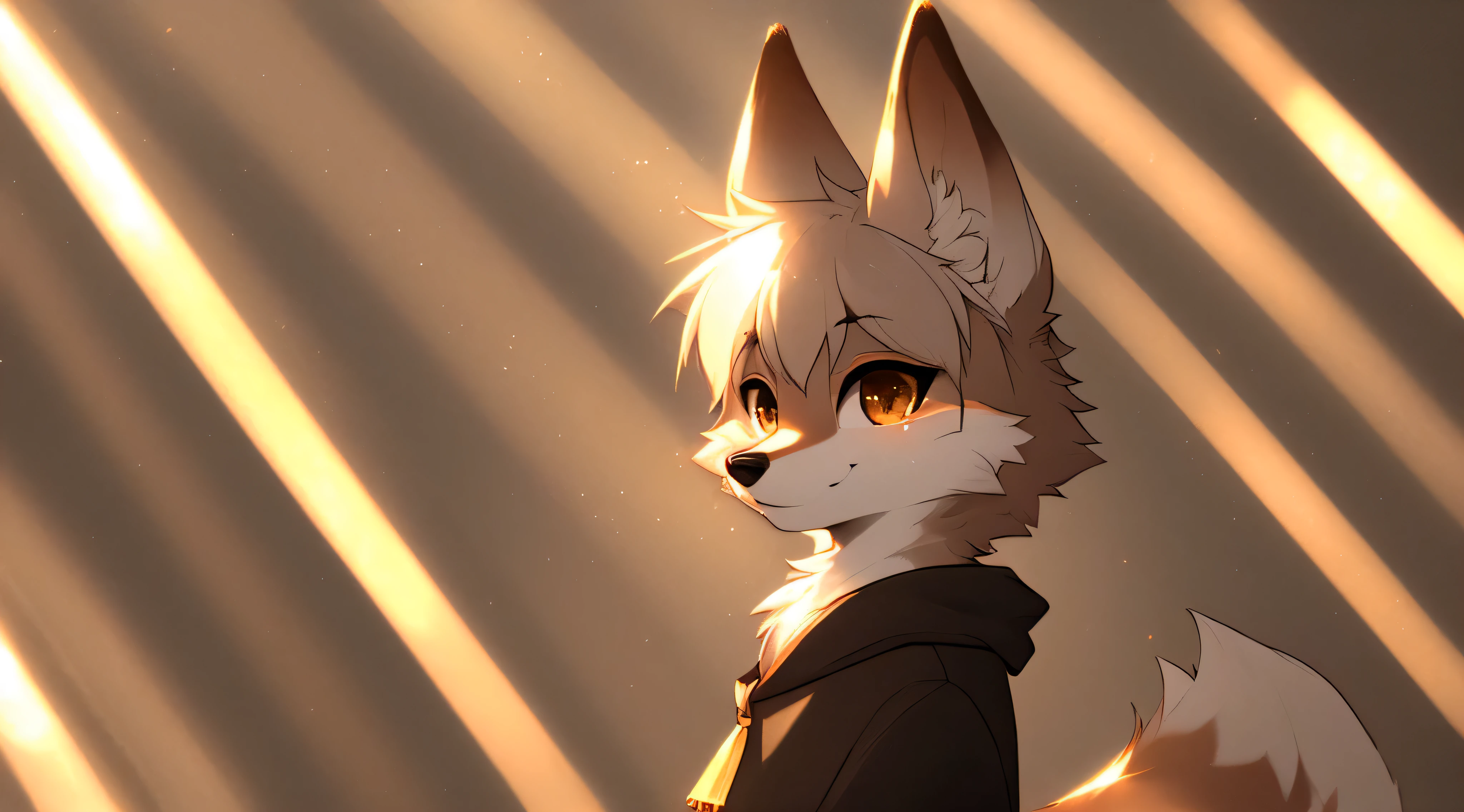 The fox has light gray fur, casual clothes, exquisite facial features, a beautiful face, furry ears, a medium-thick tail, beautiful light and shadow, the finest fine lines and exquisite facial features.,good ambient light,super fine fur,Volumetric light is very detailed,Finest quality furry art