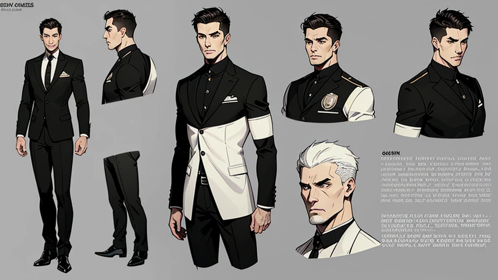 Cuvugar Trimes, a human male 45 year old police investigator, white skin, brown eyes and a face with no scars, (grey) short hair style. Wearing a dark suit from the current era in a white background only. Multiple poses concept design, concept design sheet, comic book style