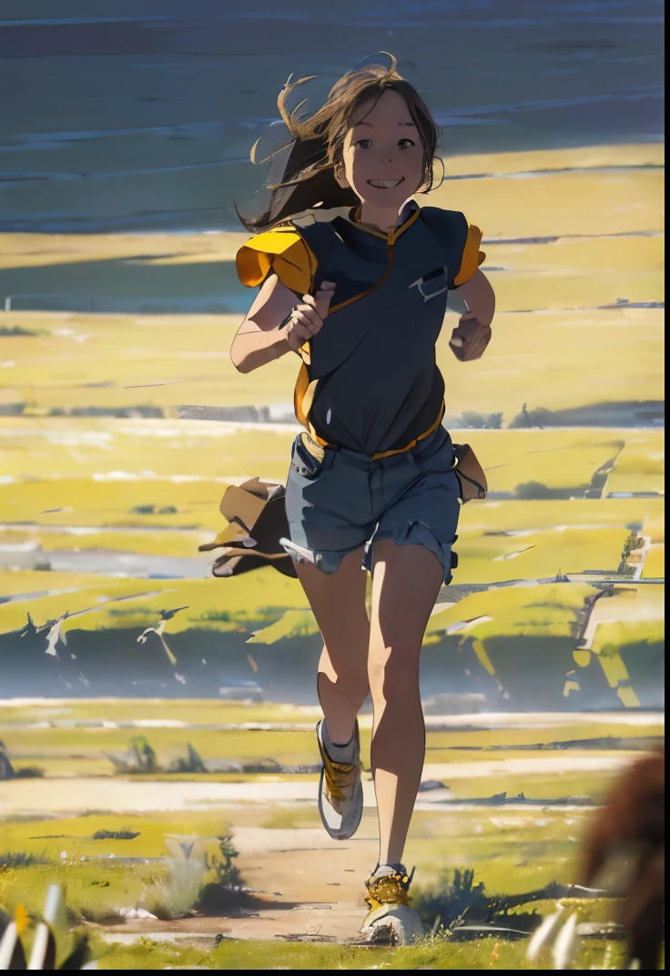 (Best quality, 8k, 32k, Masterpiece, UHD: 1.2, ray tracing: 1.2, (Shedear),(high detail),Cheerful face, real: 1.2), 1girl, (side: 1.5), Yellow Short Sleeves, denim shorts, sneakers, Savannah in the background, (Prairie, Long Range, Running on the prairie: 1.5), blue sky, white clouds, (((post apocalyptic wasteland)))