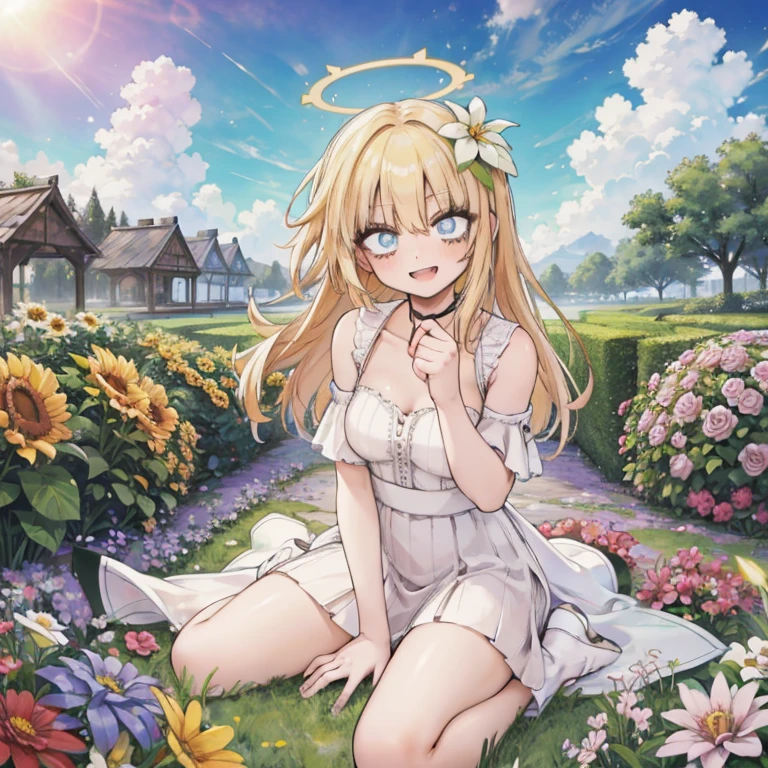 heaven, heaven, light, brilliance, happiness, bright smile, glitter, flowers, flower garden, halo, clouds