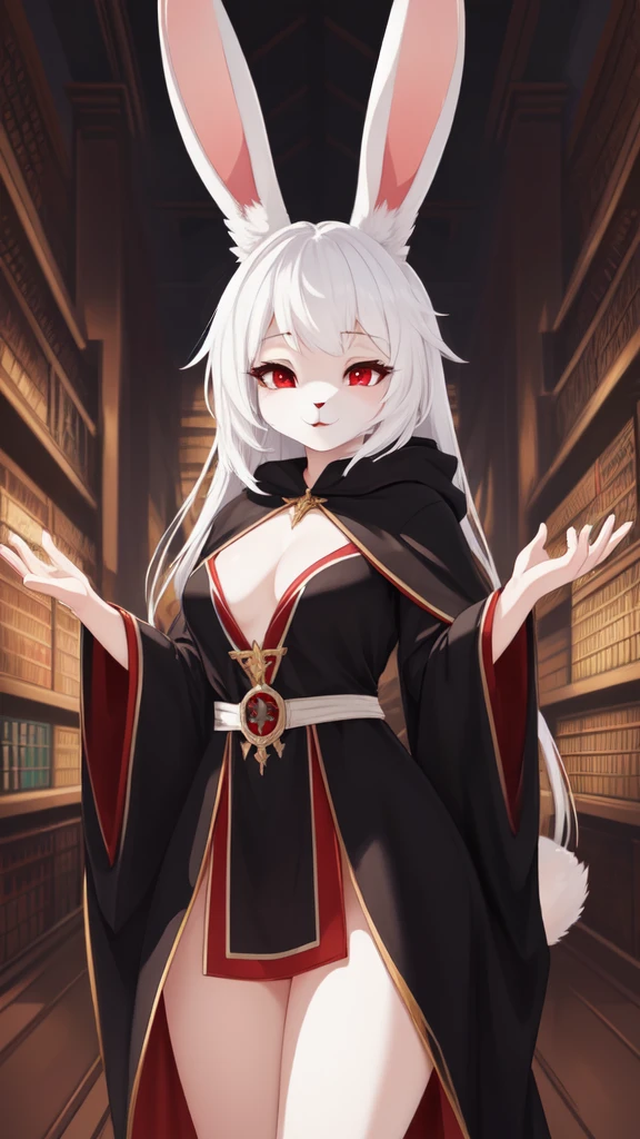 (masterpiece, best quality), intricate details, 8k, artstation, wallpaper, official art, splash art, sharp focus,
(anthro rabbit girl, rabbit ears:1.2),, (1girl), full body fur, white fur, white rabbit ears, white hair, red eyes,
Black robes, mage,arcane library,