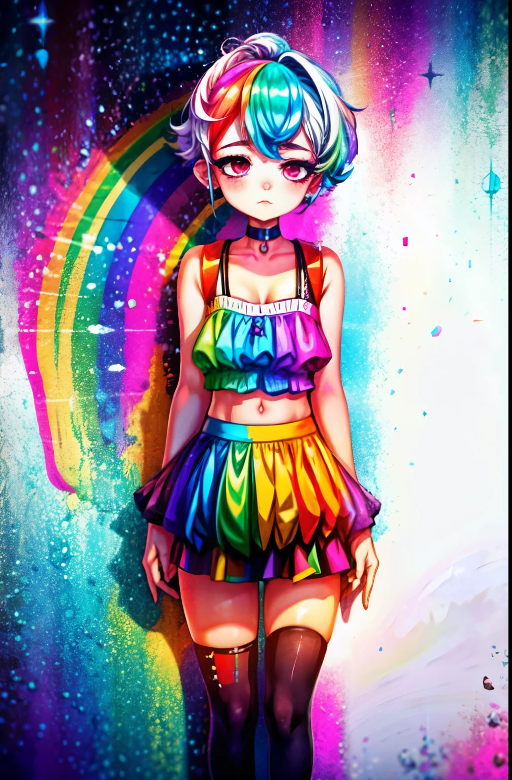 Rainbow on background、rainbow colors、Colorful、highest quality、Super high resolution、(photoreal:1.4)、Female 1 Person、Sleeveless white buttoned shirt、black skirt、black choker、cute、(Kpop Idle)、(charm:1)、(platinum blonde hair:1)、((puffy eyes))、look at the audience、Full body Esbian、facing the front