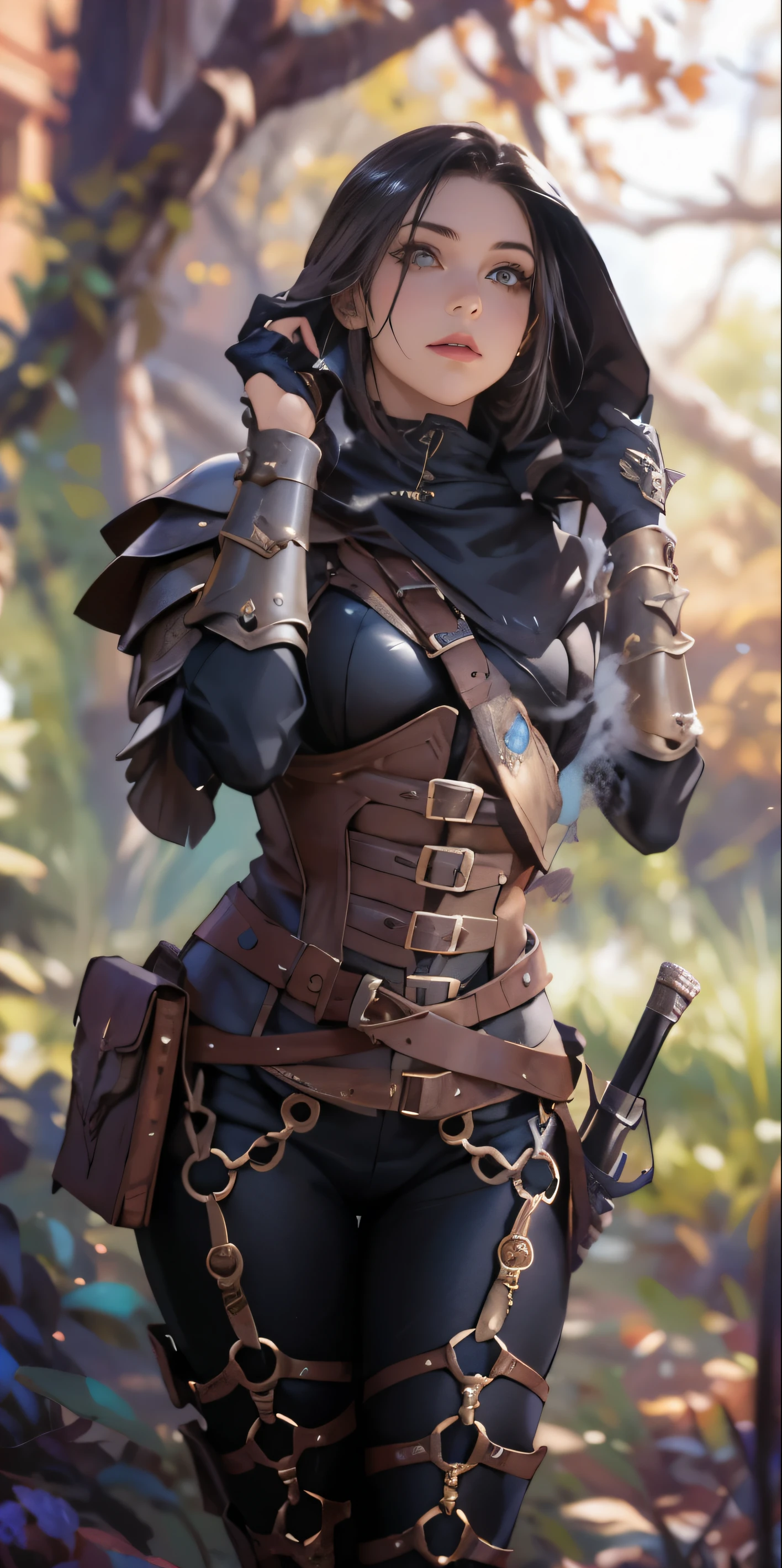 uma mulher de espartilho e capuz segurando uma arma, vestindo armadura de assassino de couro, armadura de fantasia muito estilosa, armadura de couro elegante, roupas de couro de fantasia, magic leather armor, beautiful assassina feminina, assassina feminina, armadura de couro escuro, estilo de fantasia steampunk, roupas de RPG da moda, magia e vapor - inspirado no punk, ornaeather sci-fi armor,