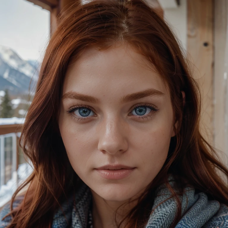 Caucasian red hair middle 20 years girl, super fit, staring at the viewer, she has blue eyes realistic somewhere by the mountains in Denver Colorado, glowin, intense, solodramatic lightinasterpiece:1.2), best quality, high resolution, beautiful detailed, extremely detailed, perfect lighting Realstic, flirting with camera she is wearing winter clothes 