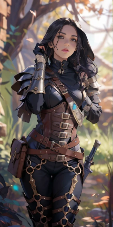 uma mulher de espartilho e capuz segurando uma arma, vestindo armadura de assassino de couro, armadura de fantasia muito estilosa, armadura de couro elegante, roupas de couro de fantasia, magic leather armor, beautiful assassina feminina, assassina feminina, armadura de couro escuro, estilo de fantasia steampunk, roupas de RPG da moda, magia e vapor - inspirado no punk, ornaeather sci-fi armor,