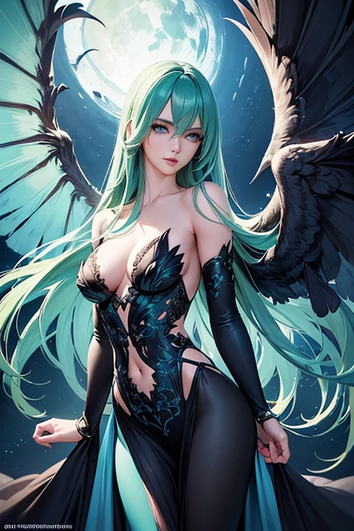 "(best quality,ultra-detailed,realistic:1.37),portrait,detailed bird-like wings,detailed bird-like legs,long green hair,beautiful blue eyes,detailed lips,mysterious atmosphere,sexy half-raven figure,dark clothing,arms with wings, harpia, no arm"