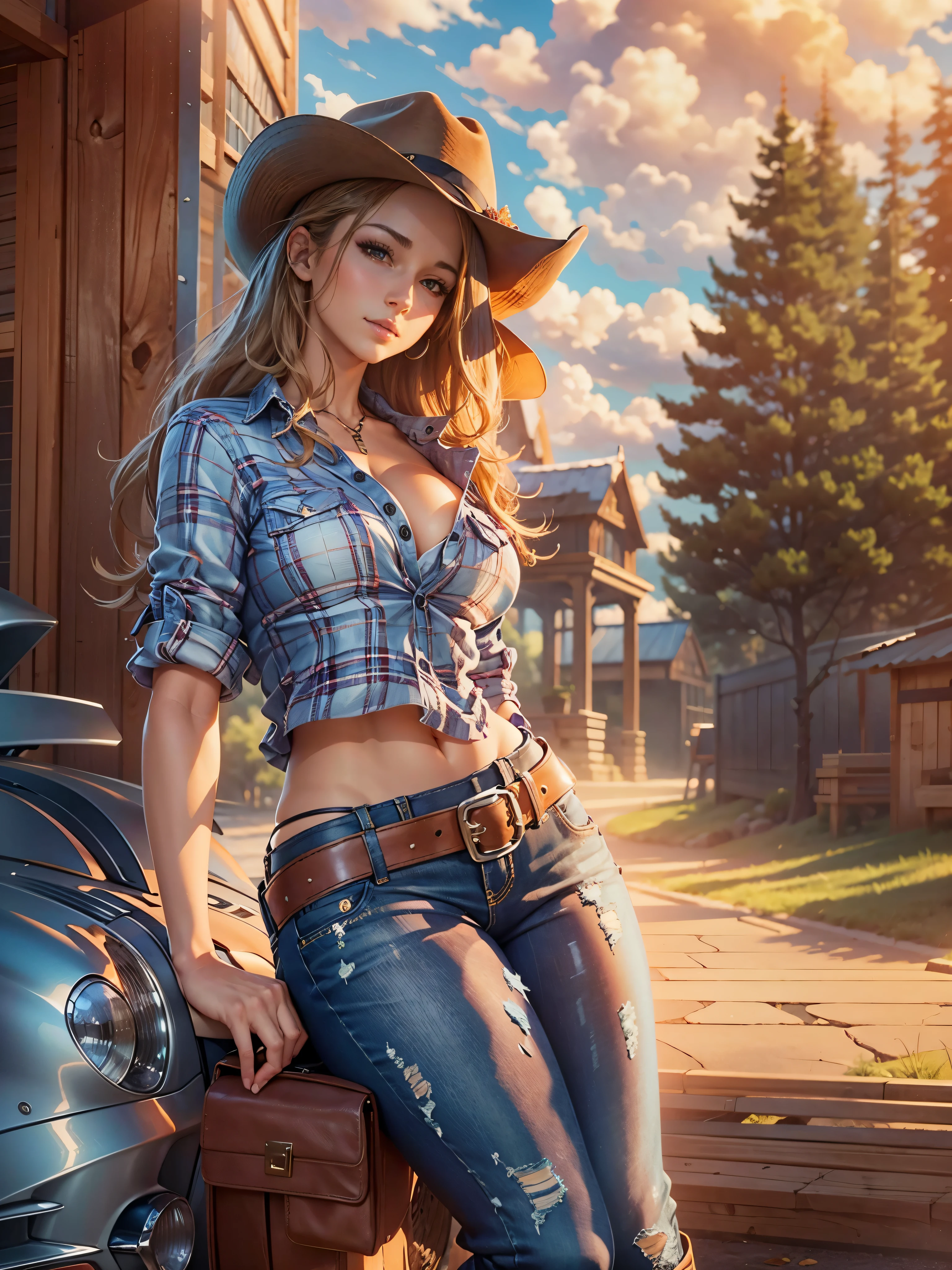 Masterpiece, art, full body shot, young beautiful woman, flawless skin, textured skin, very large firm breasts, perfect proportions, plaid shirt open, cowgirl, jeans, leather chaps, boots, hat, sunshine, blue sky, anime, sexy, erotic, UHD resolution, realistic detail, realistic reflections, realistic shadows, 3D,