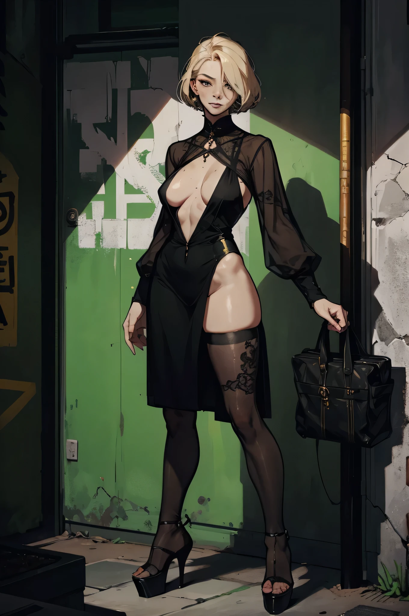 professional photograph shot on Canon EOS R6, moody lighting, 80mm,
1girl, blond hair, [very short hair|very long braidlue eyes, edgy, [green bodysuit|blazer|asymmetric dress], underboob, scenery, standing in front of a graffiti-covered wall, rebellious, street fashion, platform heels, very sexy pose, By art germ, onlyfans,