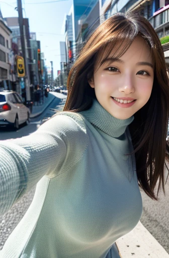 (fine、high quality、photoreal、8K wallpaper、master piece)、(Natural light)、(selfie)、japanese girl、18 year old girl、turtleneck clothes、open-chested clothes、gentle smile、big boobs、long hair、street scenery、