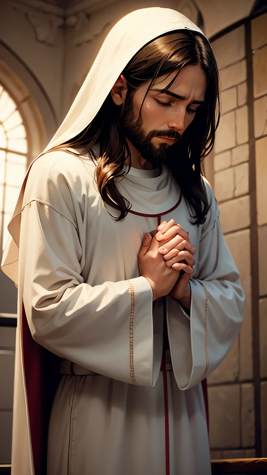 Generate image: Jesus praying, prayer hands clasped
