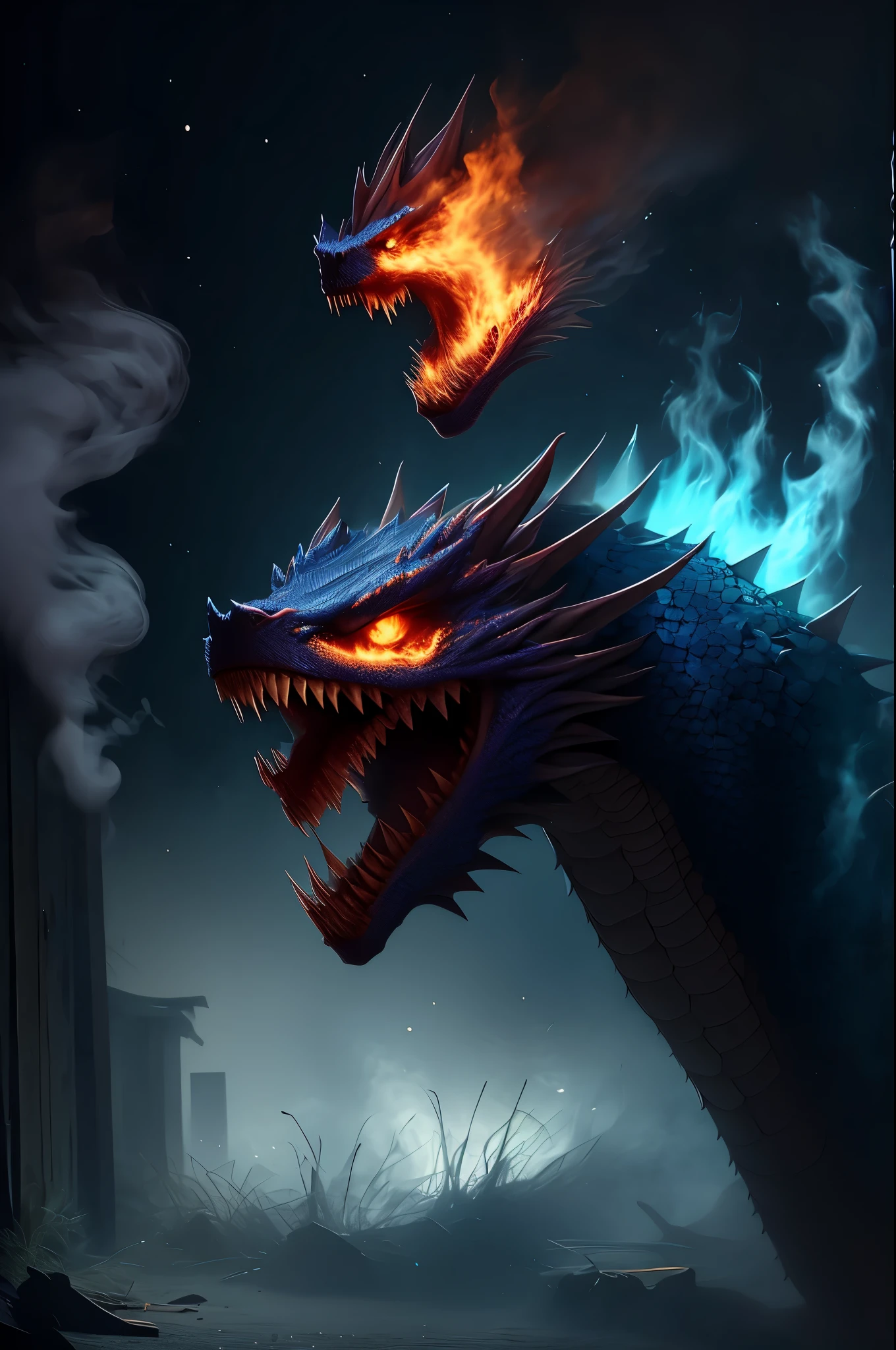 MdongwuM, no humans, blue dragon, open mouth, scales, fire, breathing fire, yellow eyes, teeth, sharp teeth, horns, smoke, glowi