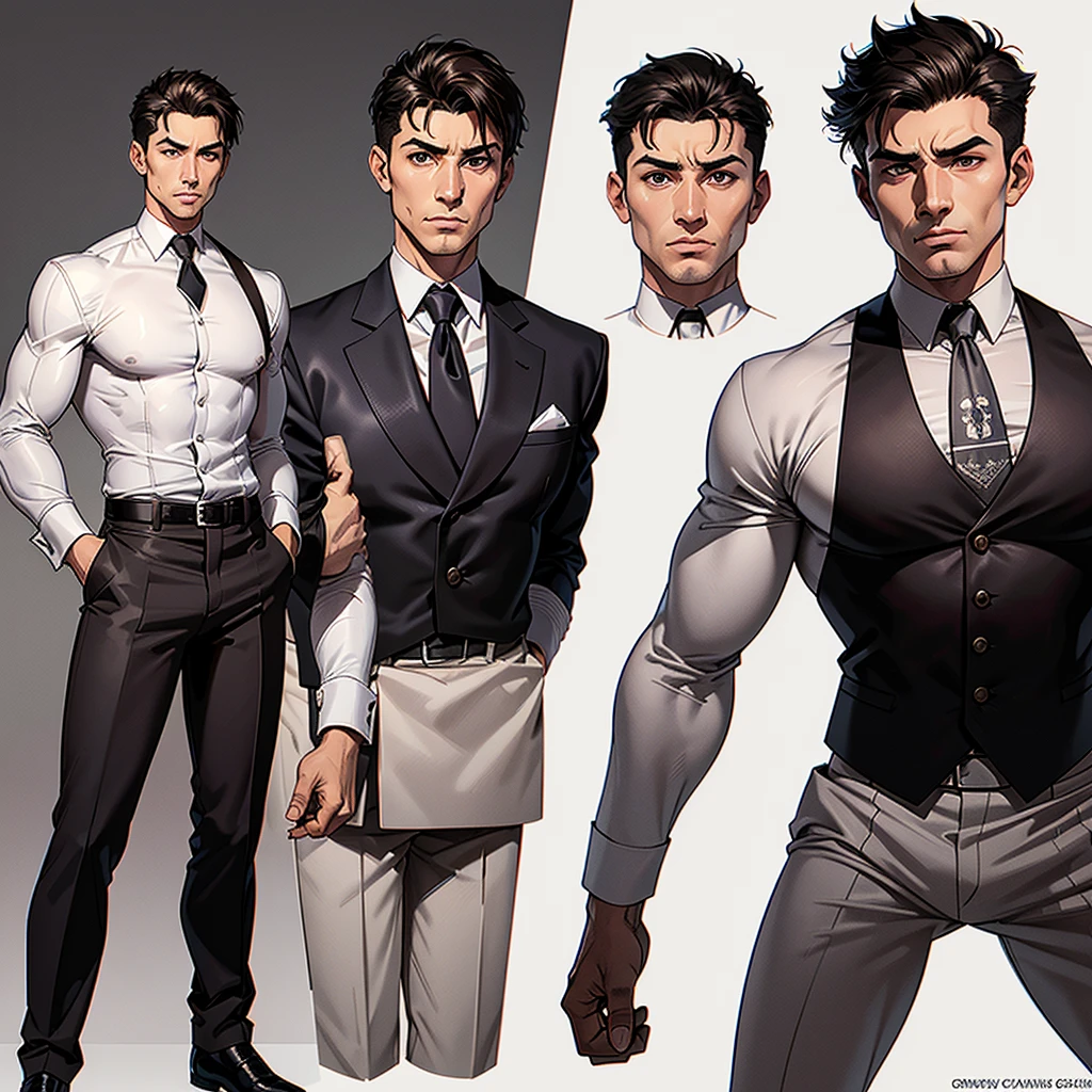 Cuvugar Trimes, a human male 45 year old police investigator, white skin, brown eyes and a face with no scars, (grey) short hair style. Wearing a dark suit from the current era in a white background only. Face close up, multiple poses, design concept sheet, comic book style