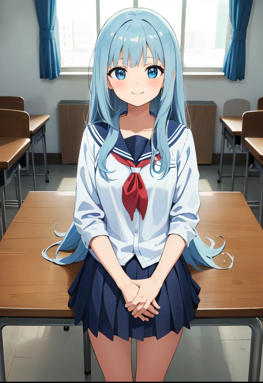 girl..low length.light Blue hair.long hair.school uniform.room.indoor.smile.view audience.smile
