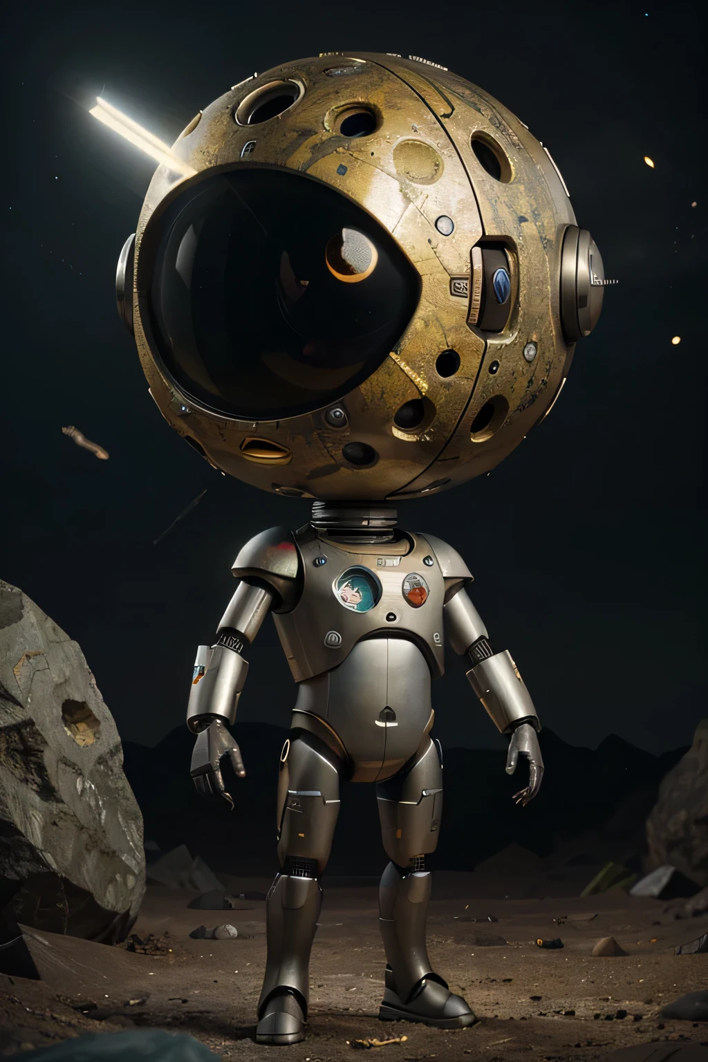 Un dibujo animado plano moderno Loco con un robot con un solo ojo, con pinzas de escudo en las manos, Cabeza de TV, cabeza de alfiler, camuflaje amarillo oxidado, Atmosphere in the crater of a super-detailed meteorite, centro, Hermoso, soft lighting, Centrado en el personaje, 4k-resolution, Pho