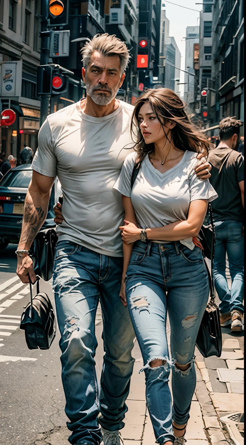 couple, full body, handsome older man, athletic build, white t-shirt, shirt and jeans, protecting his younger girlfriend with one arm, long brown hair, jeans, walking in the city at night.