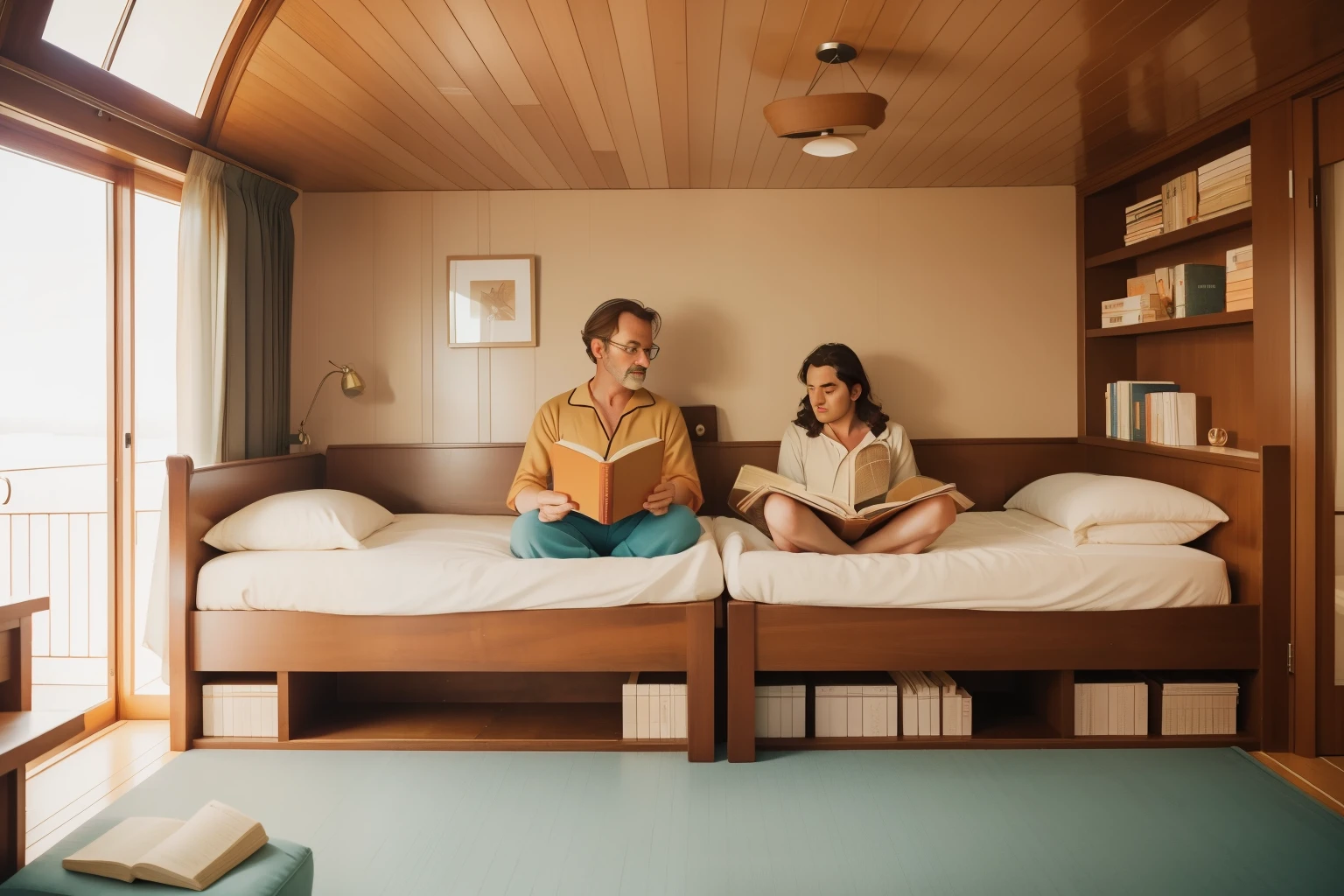 Bedtime Stories in a Floating Library: Craft an image of a father, a man in his forties with salt-and-pepper hair, reading bedtime stories to his daughter. The room is filled with levitating books and dreamy clouds, creating a magical ambiance. The duo, dressed in vintage-inspired pajamas, should be surrounded by warm hues reminiscent of Wes Anderson's cinematic charm.