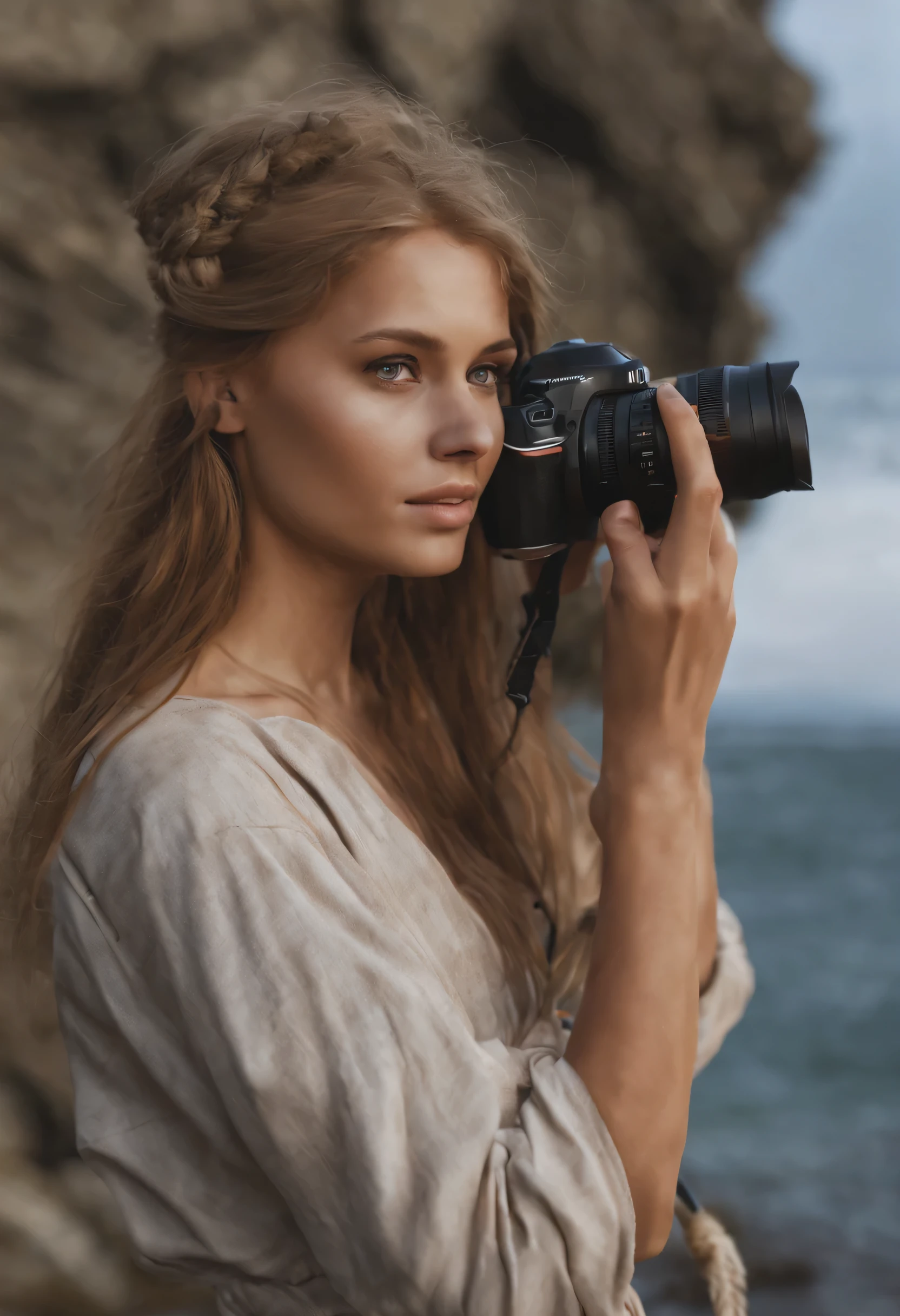 make a very realistic slavic girl taking pictures in the coast. (realistic, photography, maximum realistic)