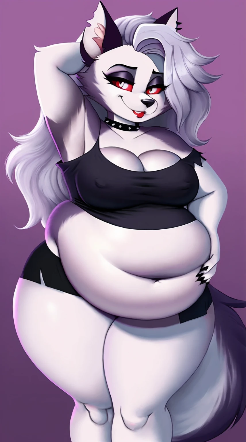 (Fat Loona Hellhound fom Helluva Boss), (chubby arms, chubby face), arm up, extremely wide hips, massive thick thighs, morbidly large belly overhang, white off-shoulder shirt, (voluptuous woman), young, Loona outfit, adorable smile, 1080P, 4k UHD, Masterpiece Perfect, ((single))