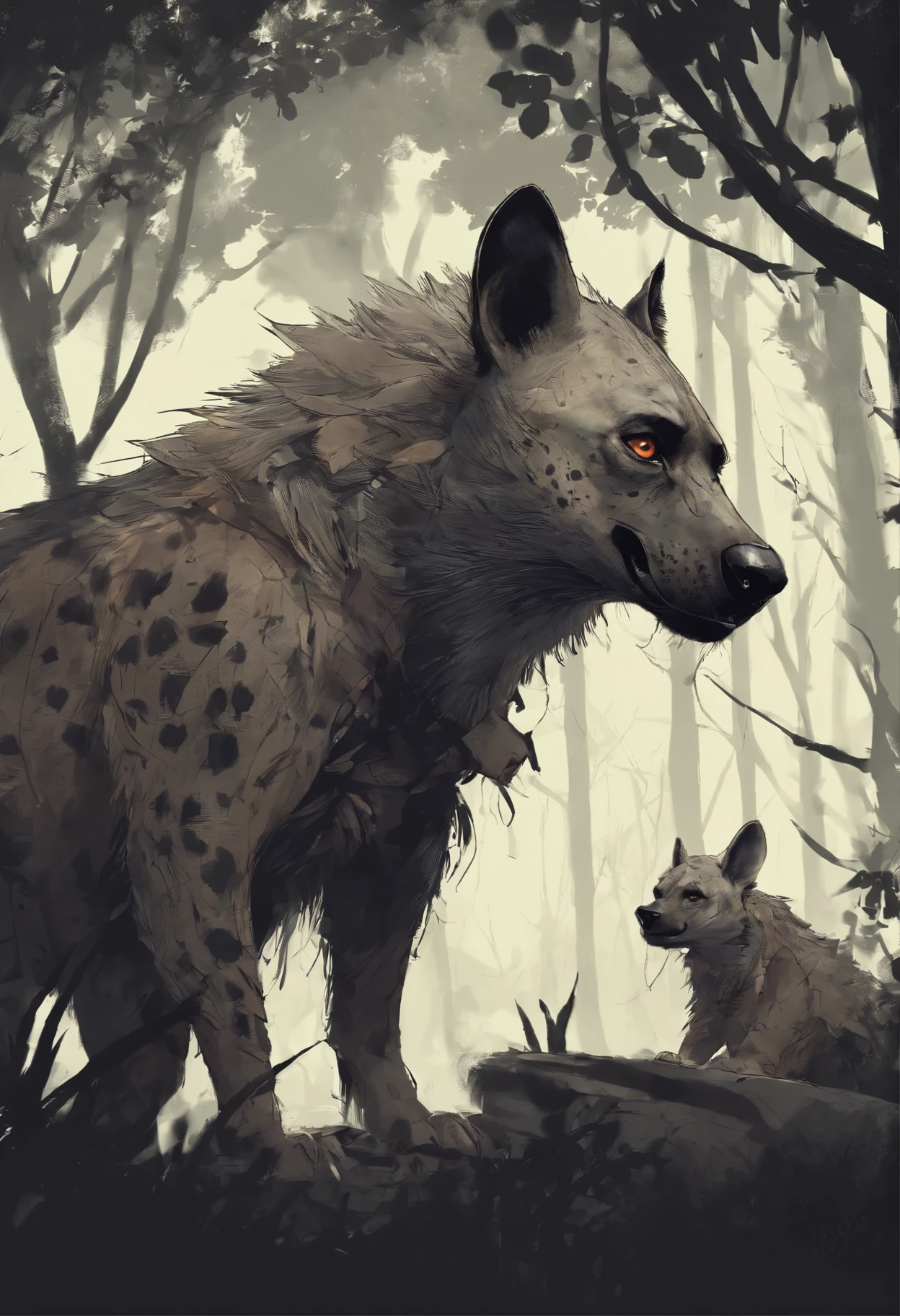 a detailed image of an anthropomorphic male hyena. He is in the woods at night and he has a large bulge. He is drooling.