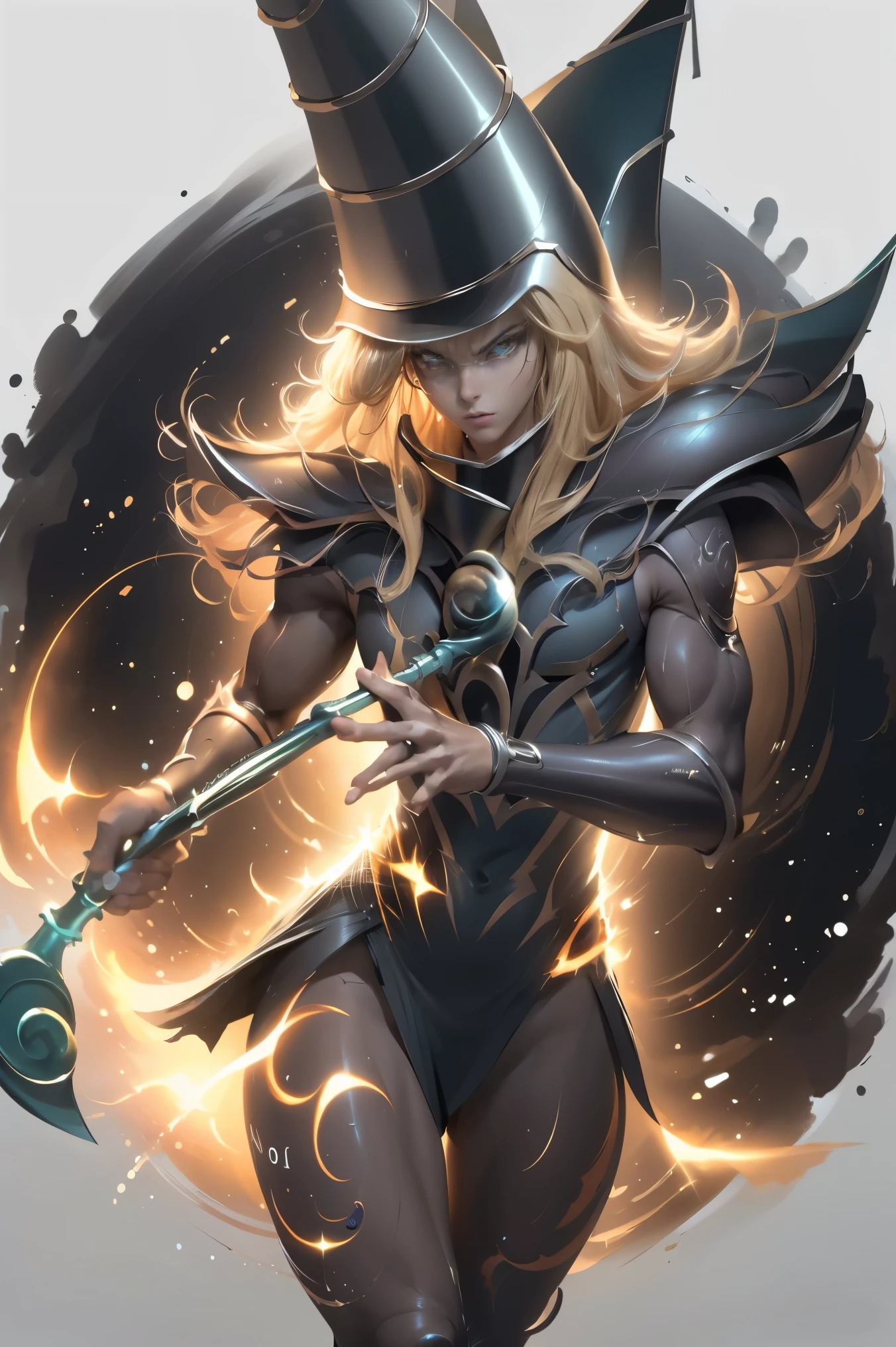 (8k,fotorrealista Raw photography highest qualityr;1.4) (1chica en) super beauty (cara realista) cuerpo femenino (Rubia de rizos largos) Hold a black and red magic wand Escena de combate Magic hat with black and gold exterior Beautiful expression Deslumbramiento (Piel de aspecto real) (Giles magos oscuros) Tentador Super high resolution Un hiperrealista Alto detalle foto de cuerpo completo restos