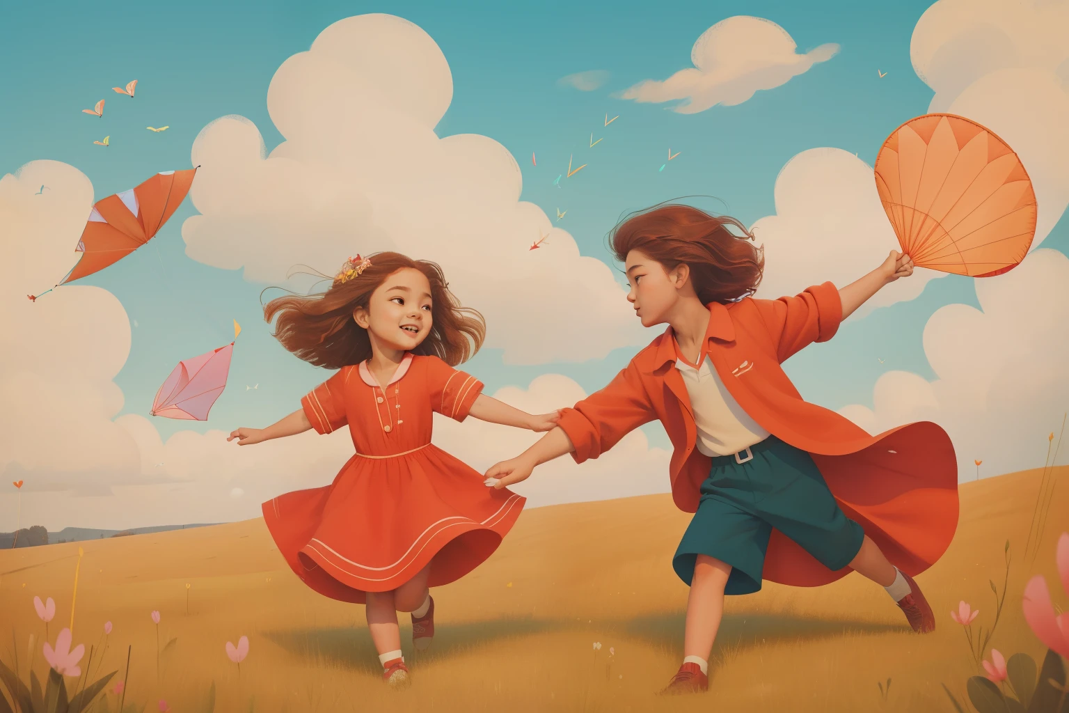 Flying Kite Extravaganza: Envision a father and his ten daughter flying kites in a meadow where the kites dance on their own accord. The girl, with wild curls of vibrant red, wears a flowy dress, while the father is in a retro windbreaker. The whimsical meadow, set against a sky painted in Anderson's distinct palette, captures the joy of family bonding.