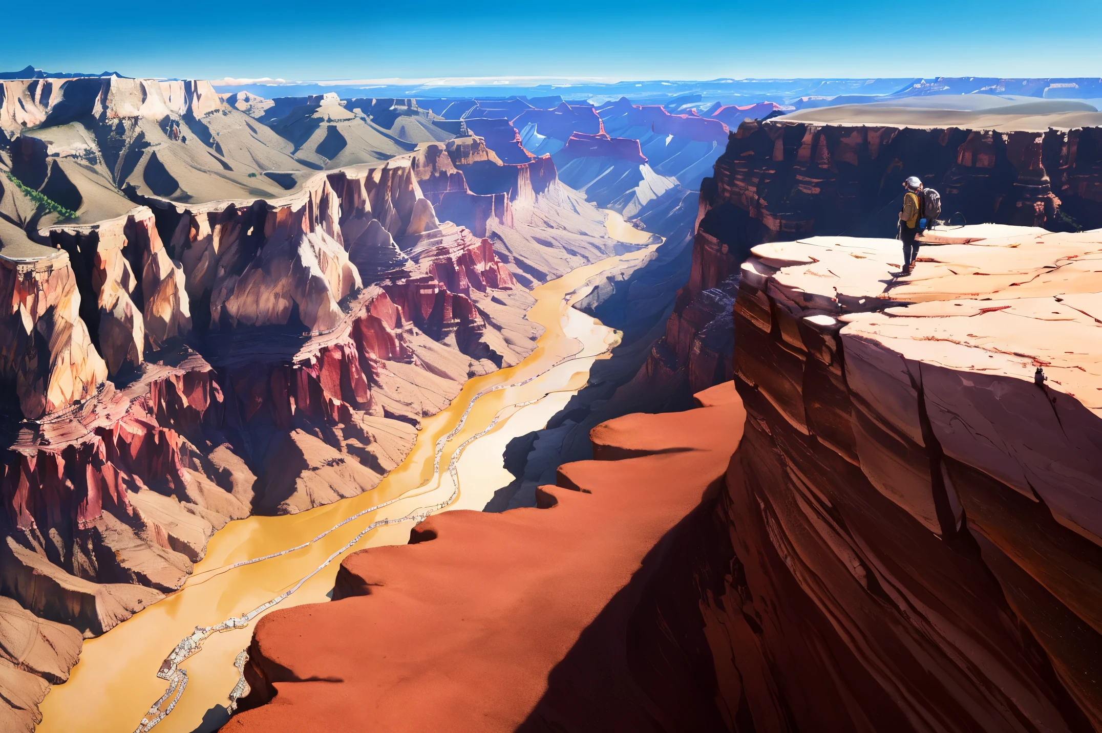 Desert Canyon, the Grand Canyon of the United States, very deep and very long huge geological fissures, spectacular, steep cliffs, hikers in the middle, in the middle of a wide and deep river valley, endless vastness and spectacular scenery, a world-famous tourist attraction,