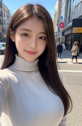 (fine、high quality、photoreal、8K wallpaper、master piece)、(Natural light)、(selfie)、japanese girl、18 year old girl、turtleneck clothes、open-chested clothes、gentle smile、big boobs、long hair、street scenery、