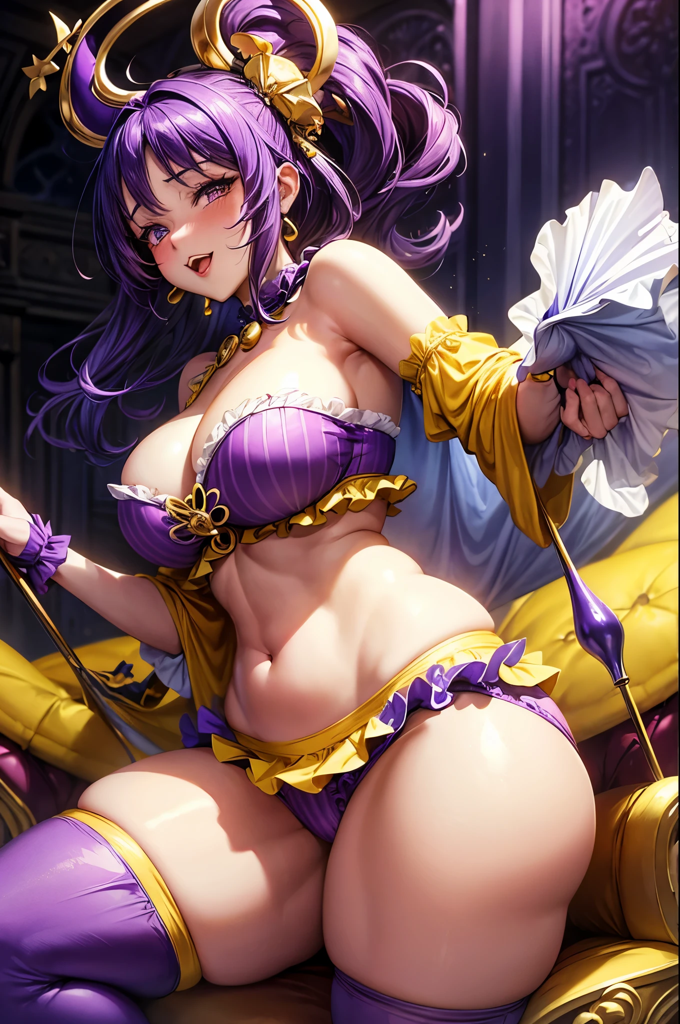 lusty beautiful sexy curvy female jester, wearing a tight frilly yellow and purple jester shirt covered in bells, skimpy panties, tight thigh-highs (one purple, another yellow), and an over the top two pronged jester hat, with incredibly large breasts and large plump ass and thighs and a little waist, dancing seductively in a throne room