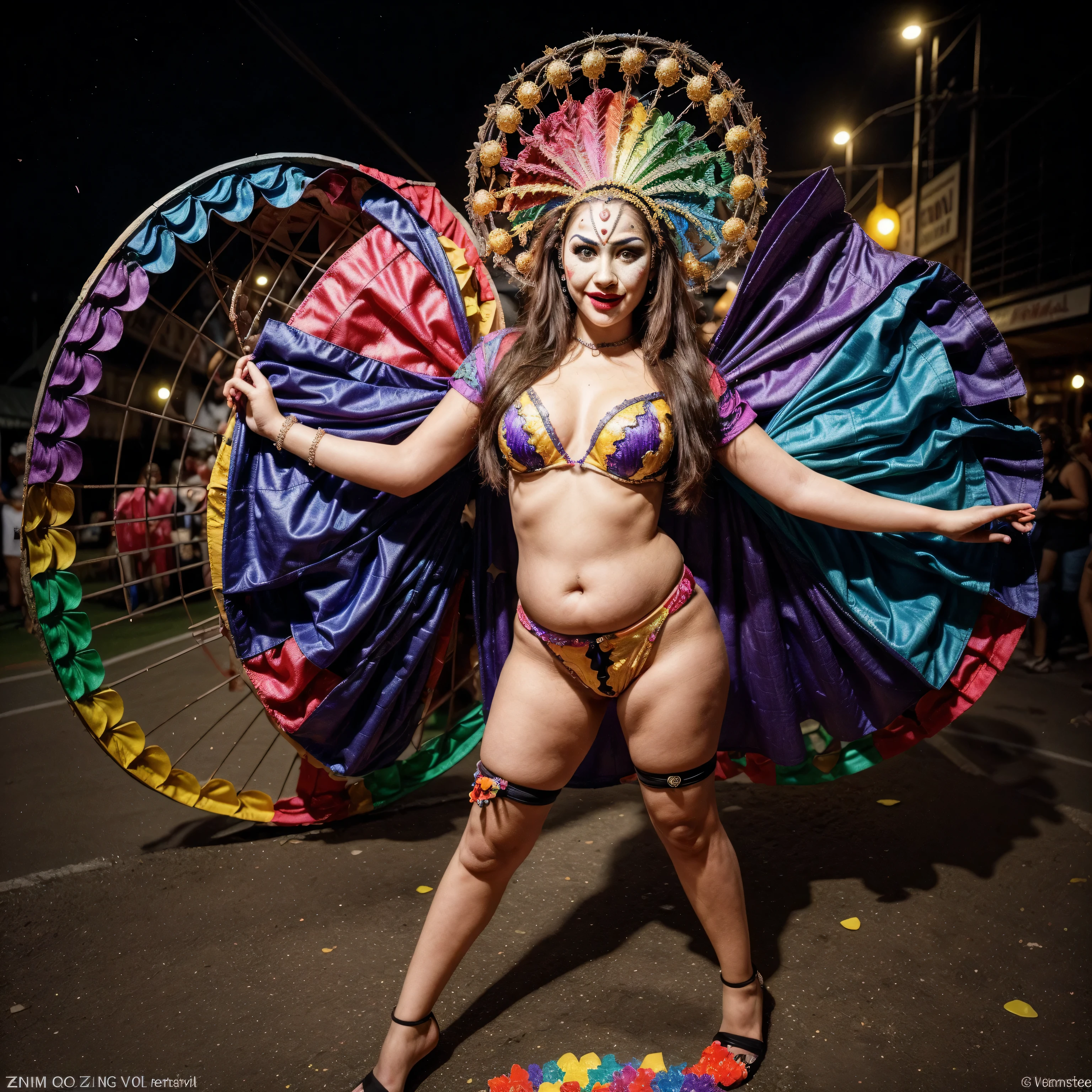 carnival fiesta people(masterpiece, top quality, best quality, official art, beautiful and aesthetic:1.8), (1girl:1.3), extremely detailed, (colorful:1.5), (20 years old), blonde hair, Anna semenovich, (((A sexy fat voluptuous mature obese))), ( very full body, very full figure, very curvy, chubby, navel, very thicc, very thick, fat thighs), (stomach obese), ((lots of carnival and colorful items around)), highest detailed,(zentangle:1.4), full body, (((brown eyes))), (((carnival fiesta crowd abehind her and by night))) and colorful background), (shiny skin), (((Carnival Mask theme background, colorful and cheerful,samba, confetti, festival, party))), (lots of carnival and colorful), (super detailed anatomi), (super detailed face), (carnival and colorful theme), (carnival and colorful skin skirt), ((carnival and colorful stockings))), (carnival and colorful skin), (carnival and colorful skin clothes), (into the big carnival and colorful), (scary joker beauty makeover), (((most unique costume))), (dark lighting), she is standing at the concrete and stone floor, (((carnival drum on the ground))), ((((Vibrant colors)))), ((((Vibrant colors))))