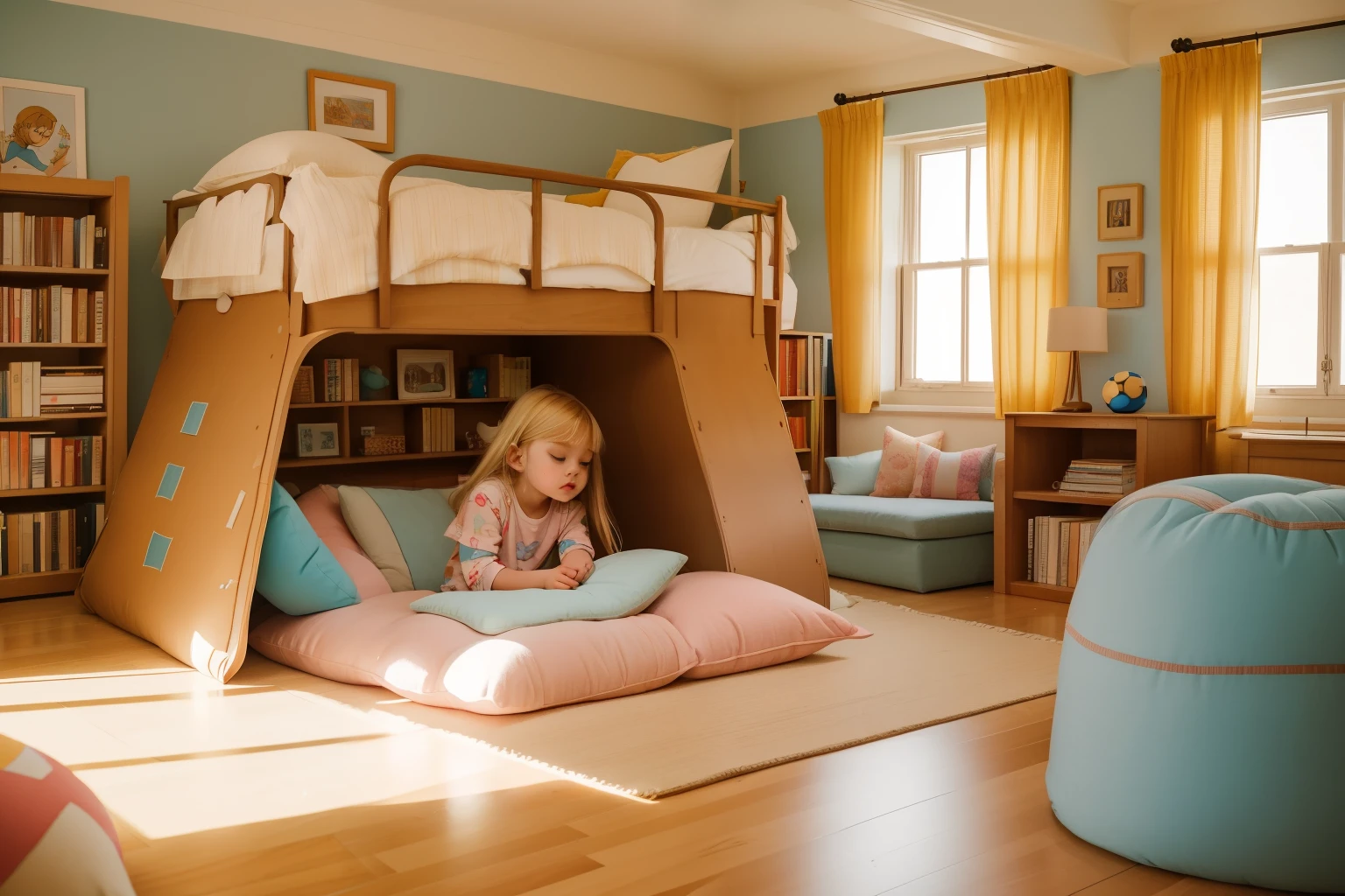 The Living Room Pillow Fort Adventure: Craft an image of a , aroun messy blond hair, creating a sprawling pillow fort in the living room. The fort takes on a life of its own, with floating cushions and secret passageways. The child, dressed in pajamas, engages in imaginative play, surrounded by Wes Anderson's comforting color tones.