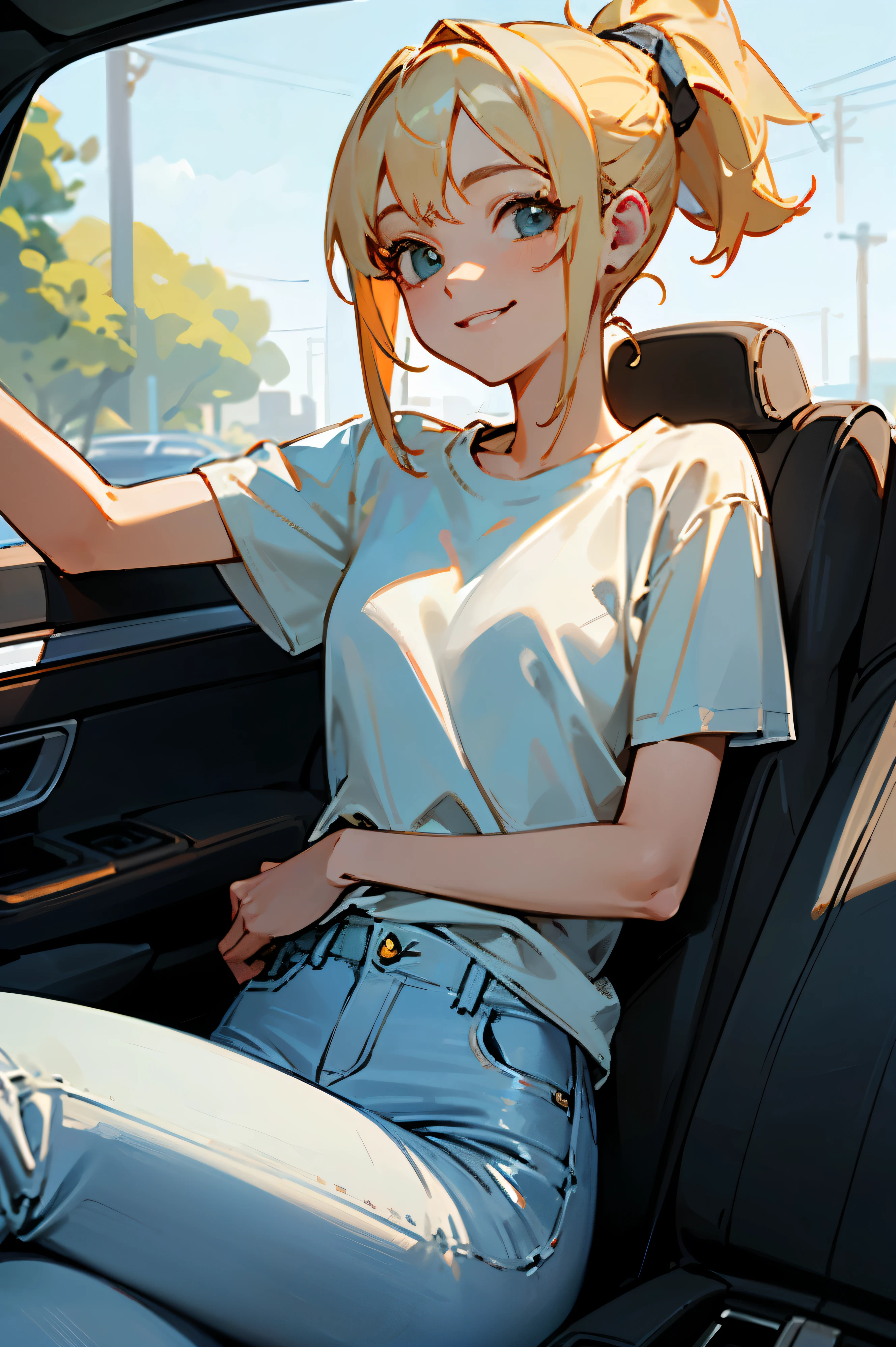 ((best quality)), ((masterpiece)), (detailed), girl sitting in a car on passanger seat, smiling, blonde, ponytail, white t-shirt, skinny jeans. Daylight