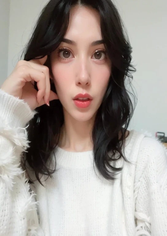 arafed woman with black hair and a white sweater posing for a picture, black hair and large eyes, pale-skinned persian girl, perfect face ), pale white face, with pale skin, 🤤 girl portrait, faint red lips, pale fair skin!!, red lips, pale skin and dark eyes, lovely delicate face, portait photo profile picture