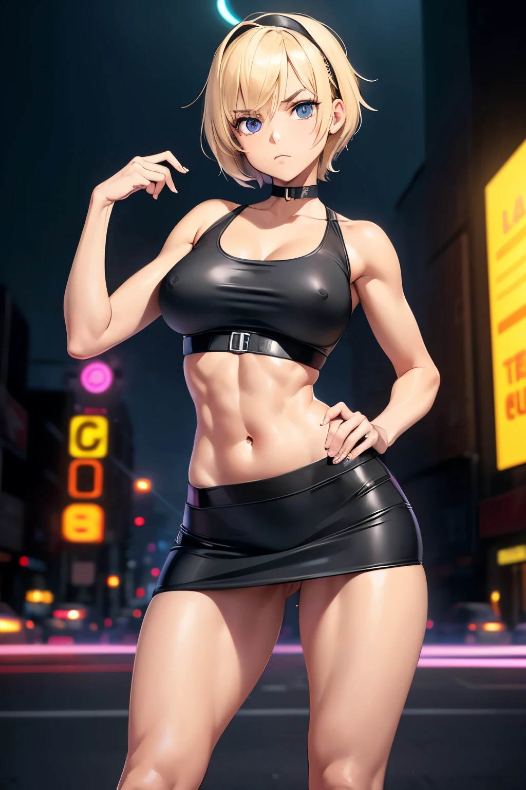 petite American girl, short blonde hair, messy hair, tomboy, masculine body, dark circles, ((very slender)), ((extremely thin)), (thick legs), (fat), (toned thighs), thin waist, ( (tiny breasts)), ((flat breasts)), ((straight breasts)), (male breasts), stop in a dark city, night, neon lights, dark scenery, cinematic lights, maid, mini skirt, navel apparently