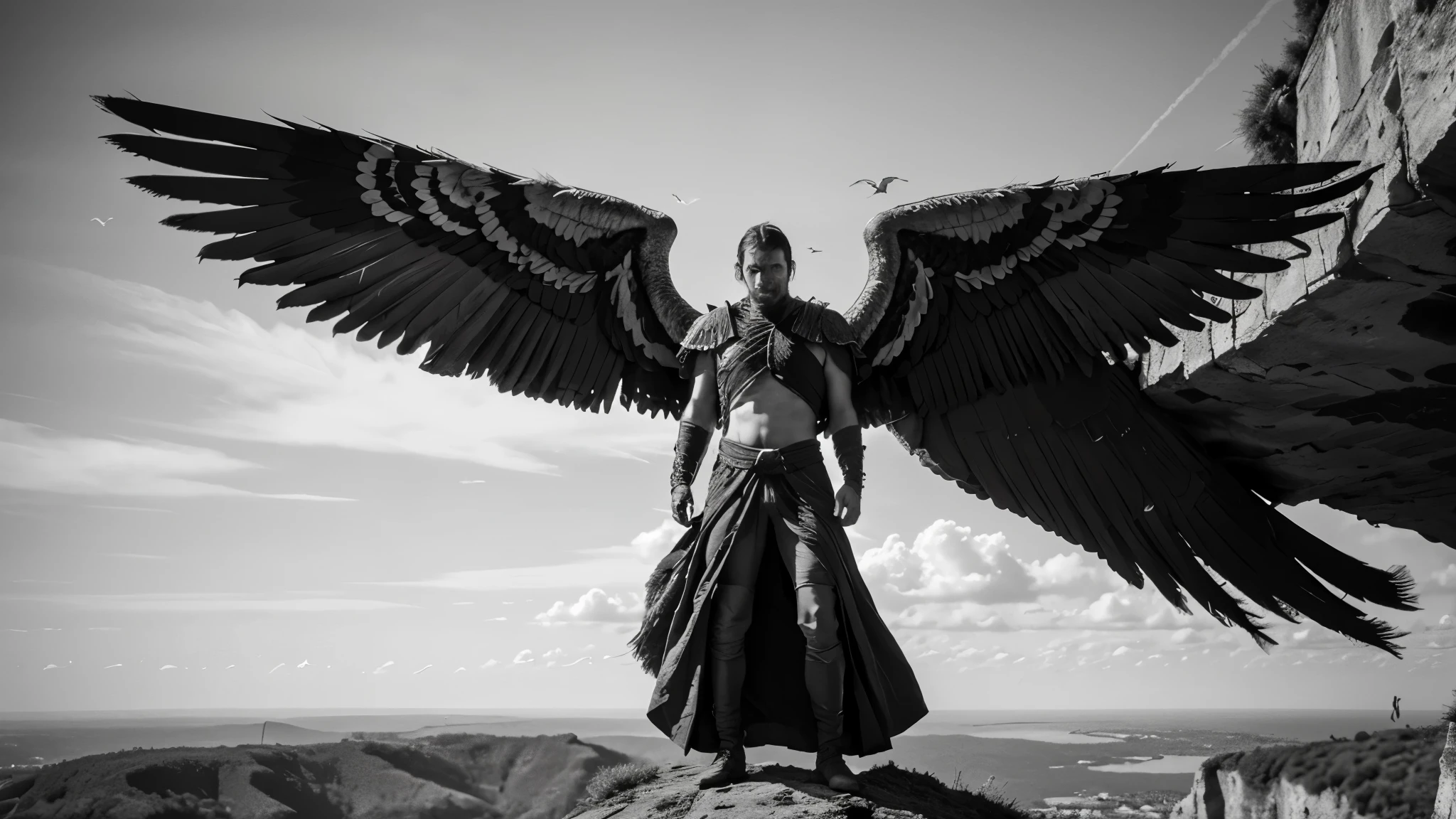 A distant image of man having birdlike wings strapped on his shoulders, standing on a cliff in a attempt to fly off, highly detail medieval background, realistic images, day time, black and white color