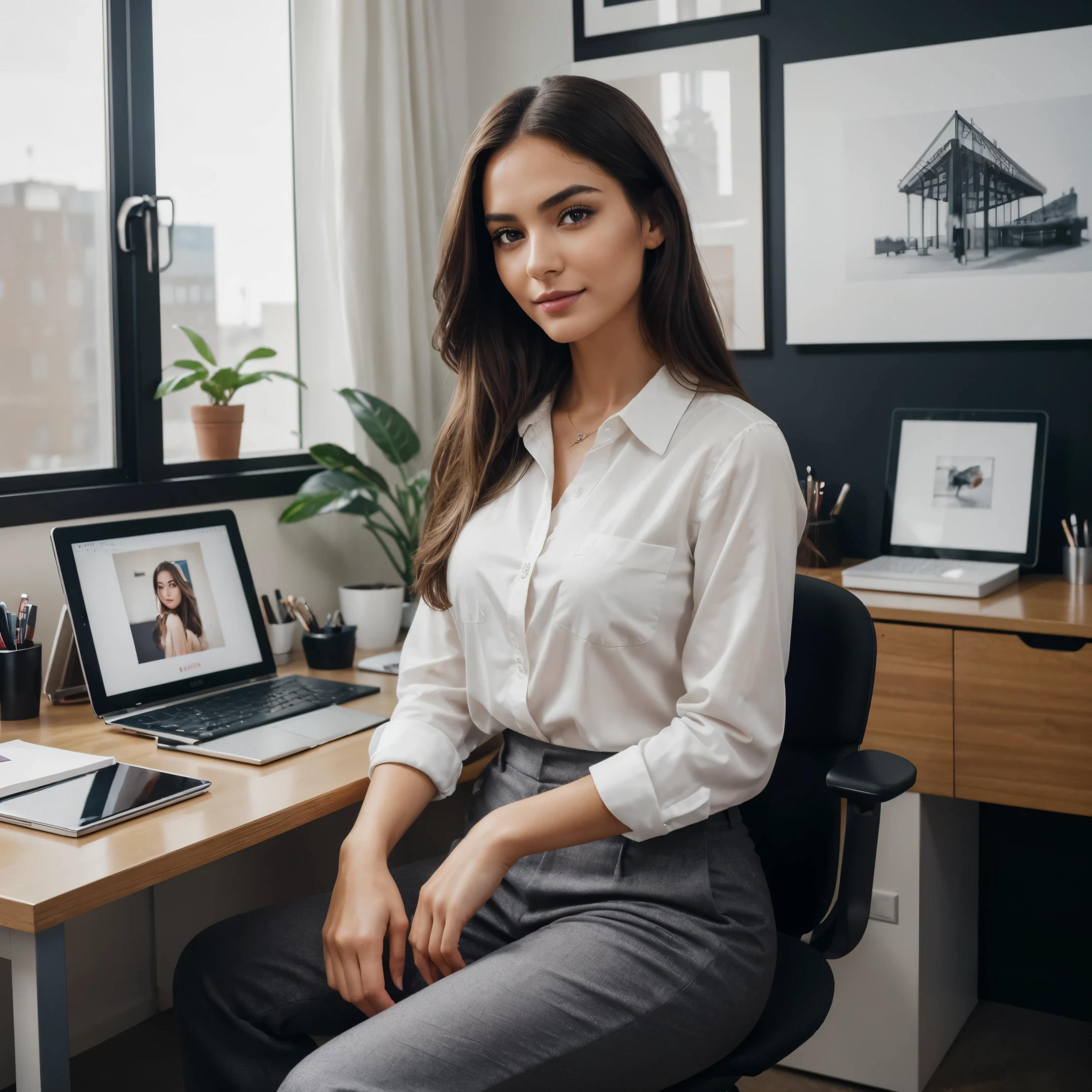 full body shot, brunette long_hair, stunning gorgeous girl, city girl, western, wearing trendy hipster office white shirt and trendy stylish office stylish grey work pants, hot girl, sitting in a chair at her desk working on creating digital art on her ipad in a trendy office environment,sitting masterpiece), best quality, slightly blurry background, blur, perfect smiling woman, extremely detailed photo of a strikingly stunning woman, hyper-detailed full body shot of a woman, photographed on a Canon EOS R5, 50mm lens, F/2.8, HDR, (cinematic lighting), (dramatic lighting), (sharp focus), (intricate), fashionista, realistic skin texture, (( perfect anatomy)), ((detailed face:1.2)), ((detailed facial features detailed skin), masterpiece), (perfect proportion), (realistic photo), (best quality: 1.6), (detailed)image depicts a woman with a clear complexion and a striking appearance. facial features include arched eyebrow, expressive eyes with dark mascara, and a subtle cat-eye liner.lips that appear to have a natural or a soft shade of pink lipstick. skin is smooth and has a matte finish, suggesting the use of foundation. The lighting is soft and diffused, providing an even illumination across the person's face and upper body without harsh shadows. She is looking at her drawing ipad and drawing digital unique art, giving an impression of confidence and self-assuredness. Sexy artist, instagram influencer, instagram model, giving an impression of confidence and self-assuredness. Sitting at her desk creating, hd, vogue magazine, insanely detailed and intricate,photorealistic, full frame,promotional image, professional picture, work environment