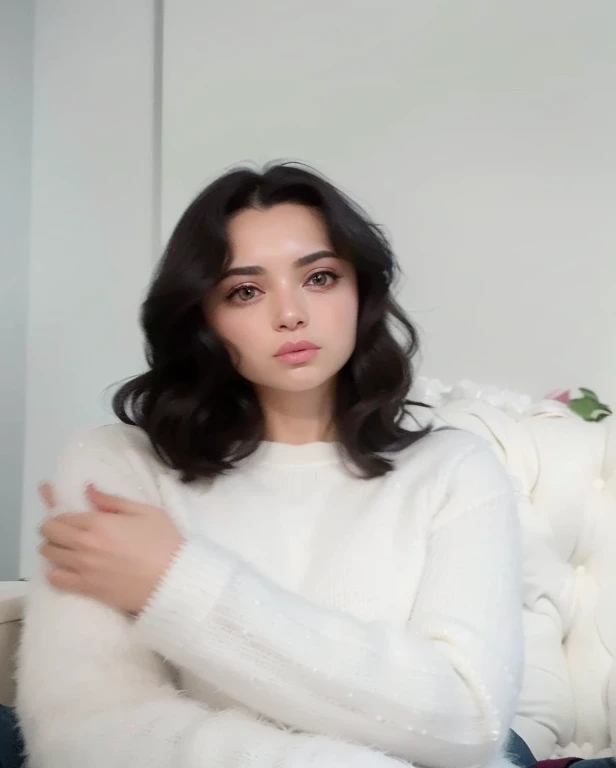 there is a woman sitting on a couch with a white sweater, pale-skinned persian girl, profile image, whitebangsblackhair, anastasia ovchinnikova, anna nikonova aka newmilky, black hair and large eyes, profile pic, with black hair, yelena belova, ekaterina, with long hair, moleksandra shchaslyva
