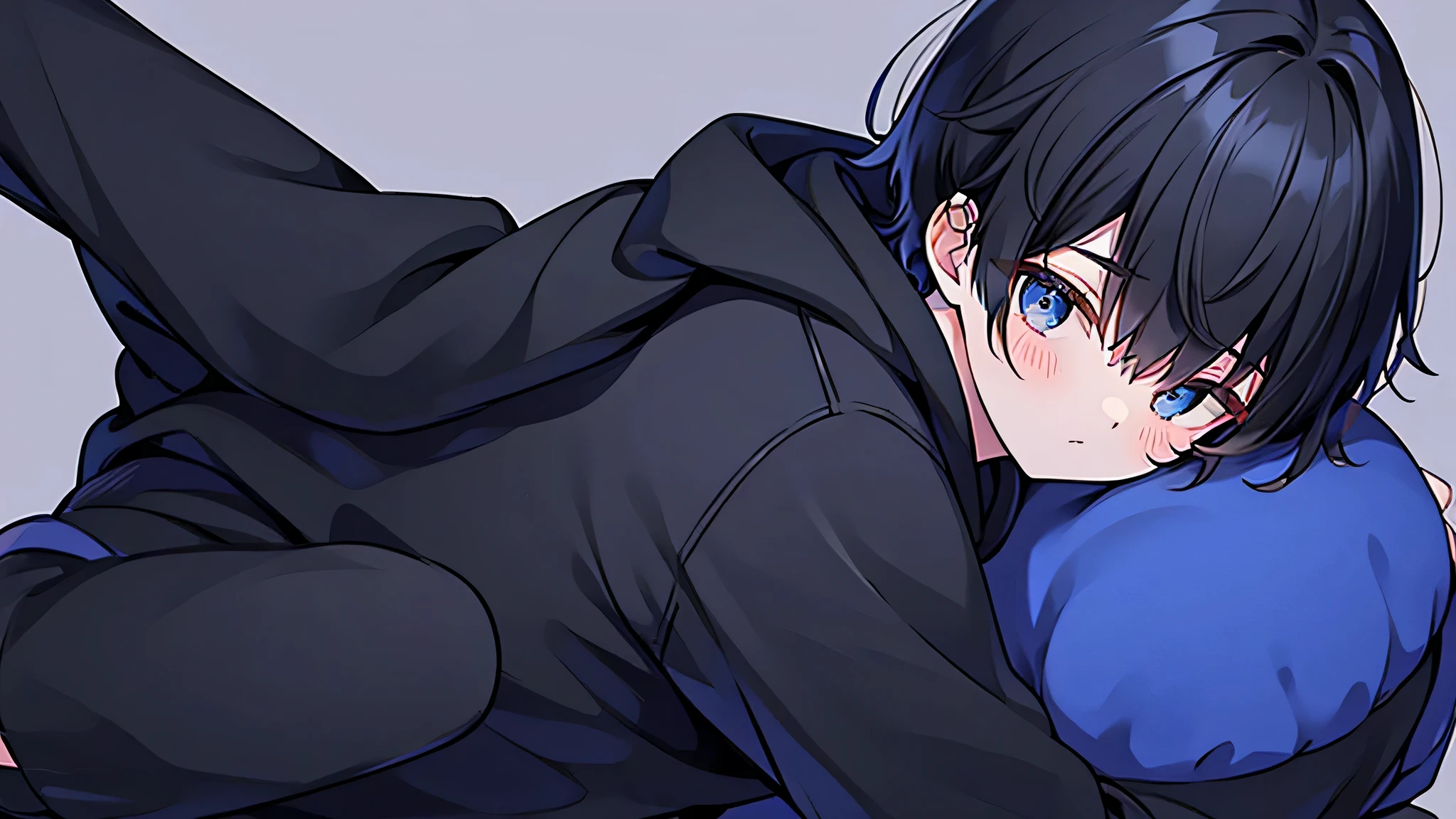 black hair、blue eyes、black hoodie、long pants、one boy、solo、simple background