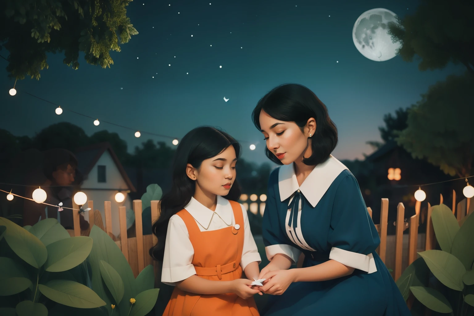 Moonlit Paper Plane Expedition: Picture a single parent, a woman in her forties with a bob of jet-black hair, guiding her child through a moonlit garden where paper planes take flight on their own. The duo, dressed in coordinating vintage-inspired outfits, embarks on a whimsical journey. The scene should capture the tender magic of family moments in Anderson's color palette.