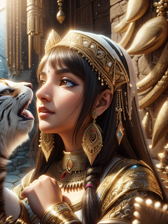 ((best quality)), (detailed), (3D), (headshot), (profile shot), (close up), beautiful middle eastern woman petting a tigers head to hers, HDR, 4K 