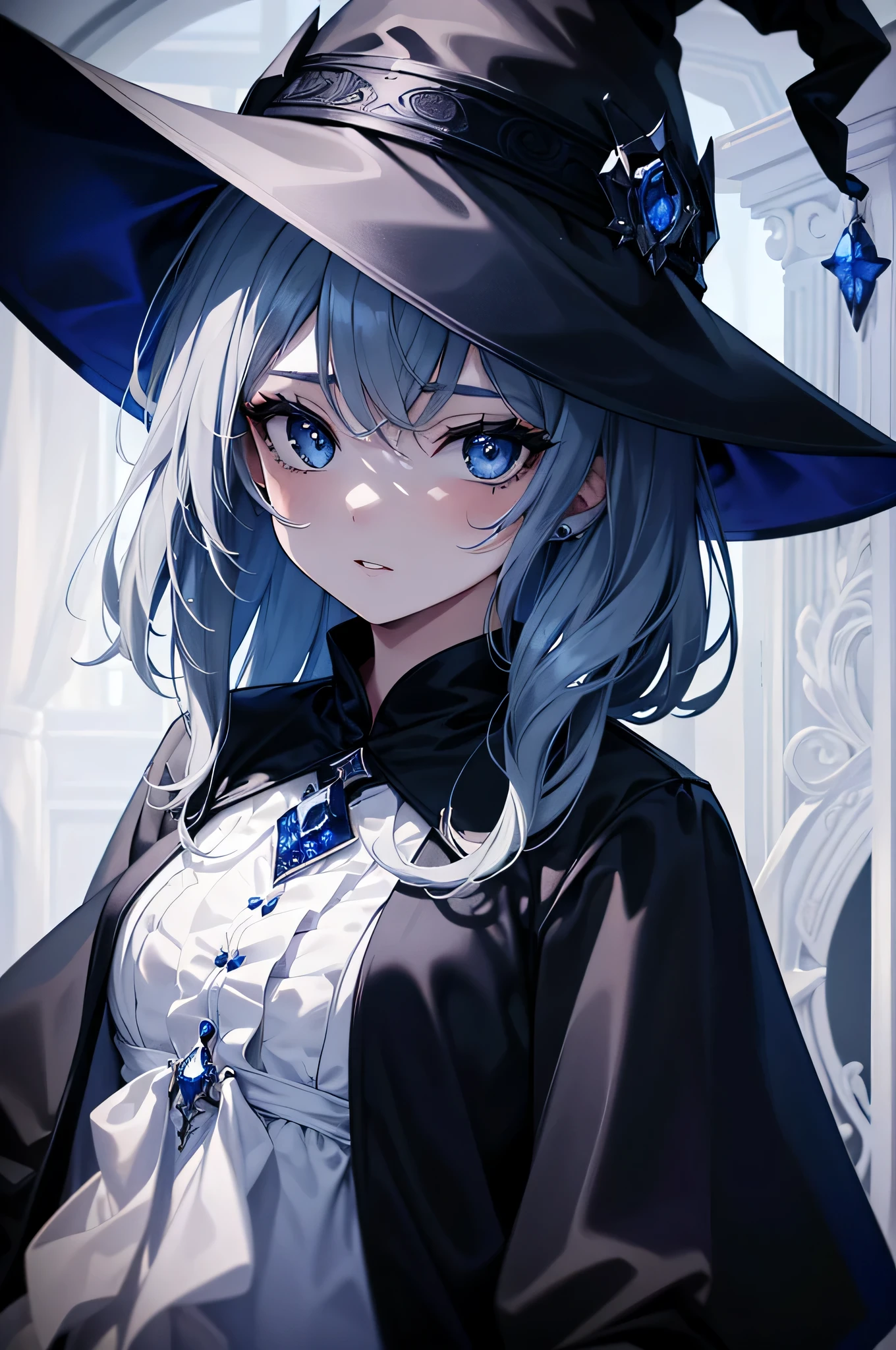 (muste piece, highest quality, ultra high resolution),1 girl,suit, witch hat,, beautiful and detailed face, fine eyes,((Gray and Blue theme)),