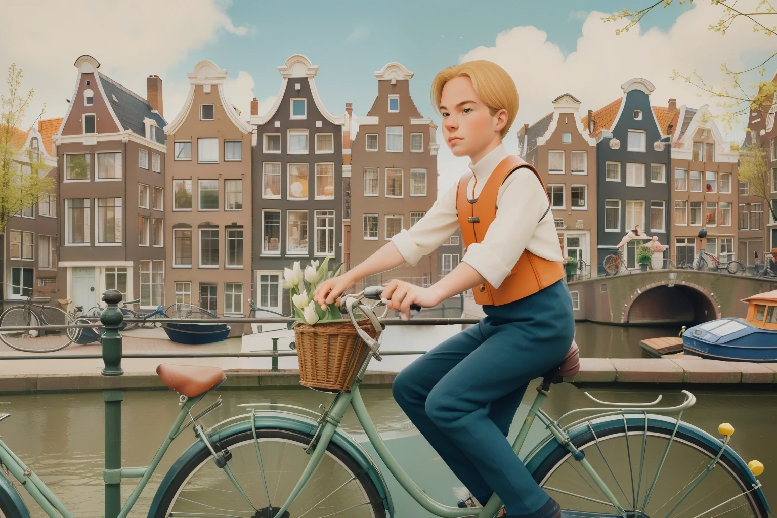 Bicycle Expedition Through Amsterdam Canals: Picture a tween boy with tousled blond hair and his middle-aged mother, both donned in vintage-inspired outfits, navigating the charming streets of Amsterdam on whimsical bicycles. The backdrop features iconic canal houses and floating tulip gardens, all bathed in the warm, muted hues characteristic of a Wes Anderson photogram.