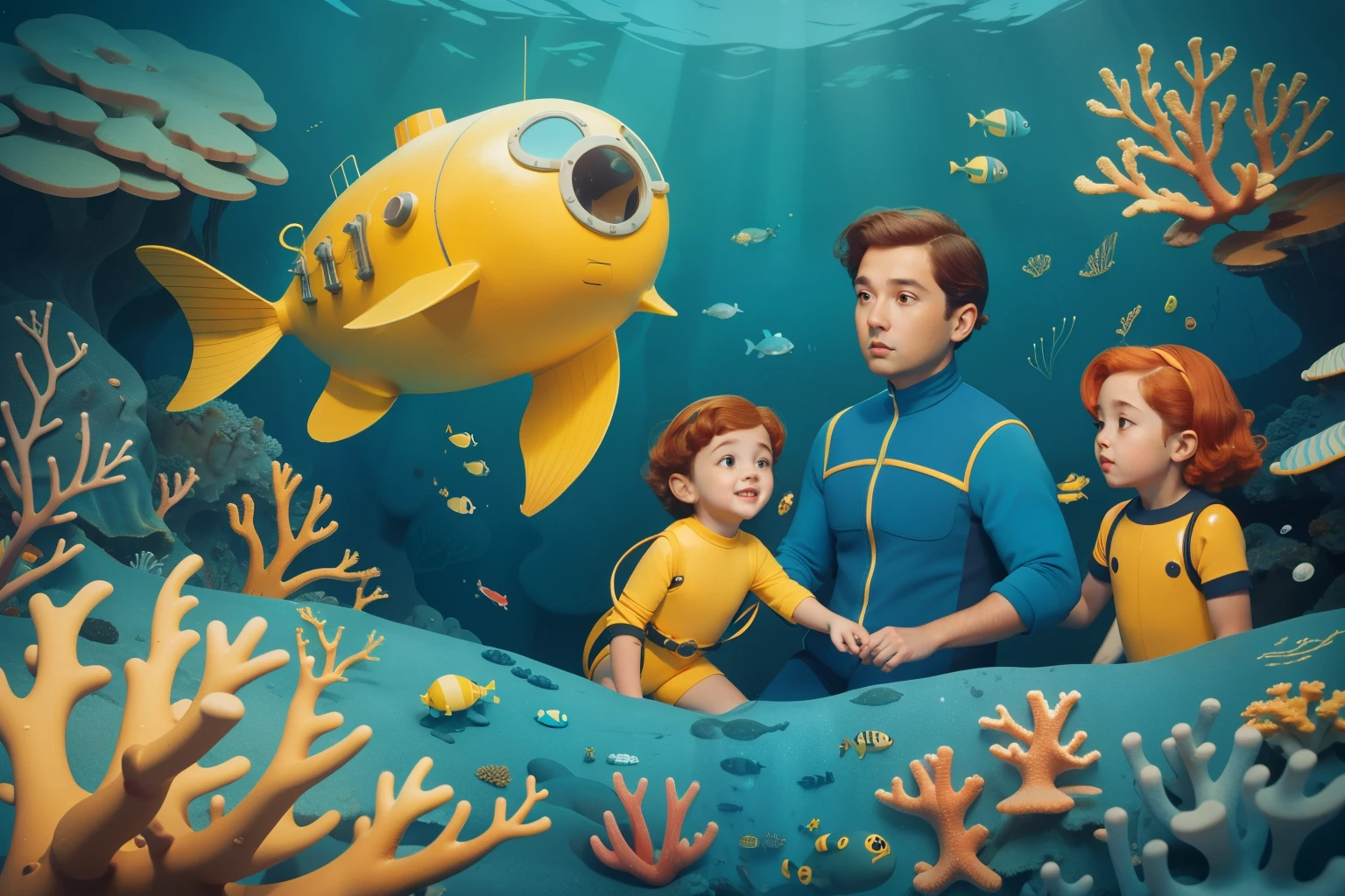 The Submarine Discovery: Craft an image of a family, parents in their forties and a  around ten, loring the ocean depths in a quirky yellow submarine. The family wears vintage diving suits, and the underwater scene is filled with fantastical sea creatures and vibrant coral reefs, all accentuated by Wes Anderson's distinctive color palette.