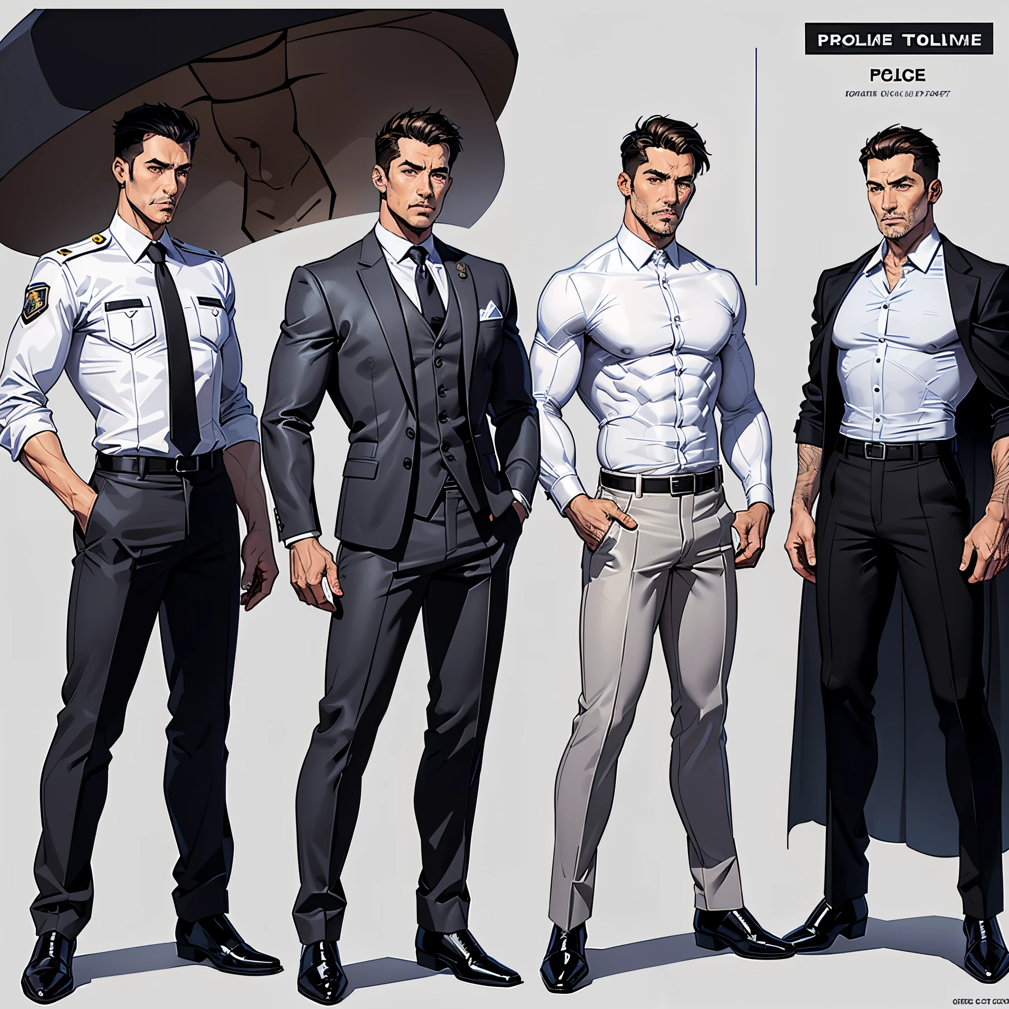 Cuvugar Trimes, a human male 45 year old police investigator, white skin, brown eyes and a face with no scars, (grey) short hair. Wearing a dark suit from the current era in a white background only. Multiple angles of the same character, concept design, concept design sheet, comic book style