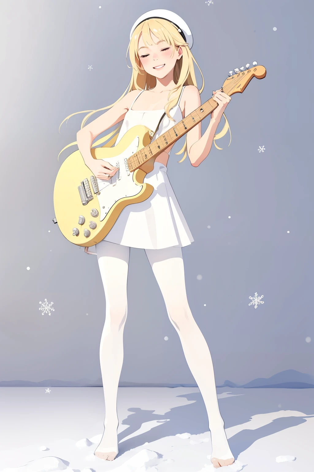 (masterpiece, best quality), 1girl, petite, loli, long blonde hair, white bra, flat chest, (white pantyhose:1.1), (playing a white electric guitar1.3}, smile, eyes closed, blush, standing, full body, feet, winter, snow,, bright, white, anime minimalist, watercolor