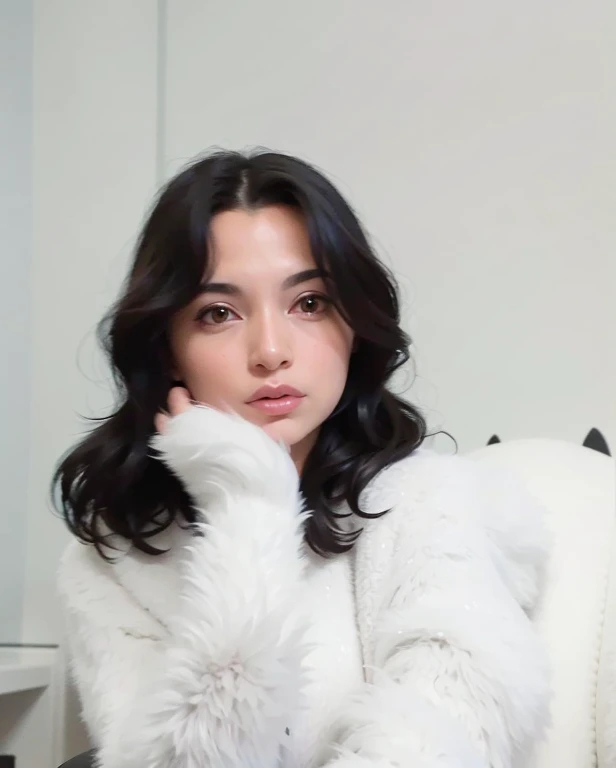 arafed woman in a white fur coat posing for a picture, pale-skinned persian girl, pale white face, black hair and large eyes, whitebangsblackhair, profile image, headshot profile picture, lily frank, pale snow white skin, 19-year-old girl, profile pic, with white skin, in white clothes, with black hair, get only head, better scale