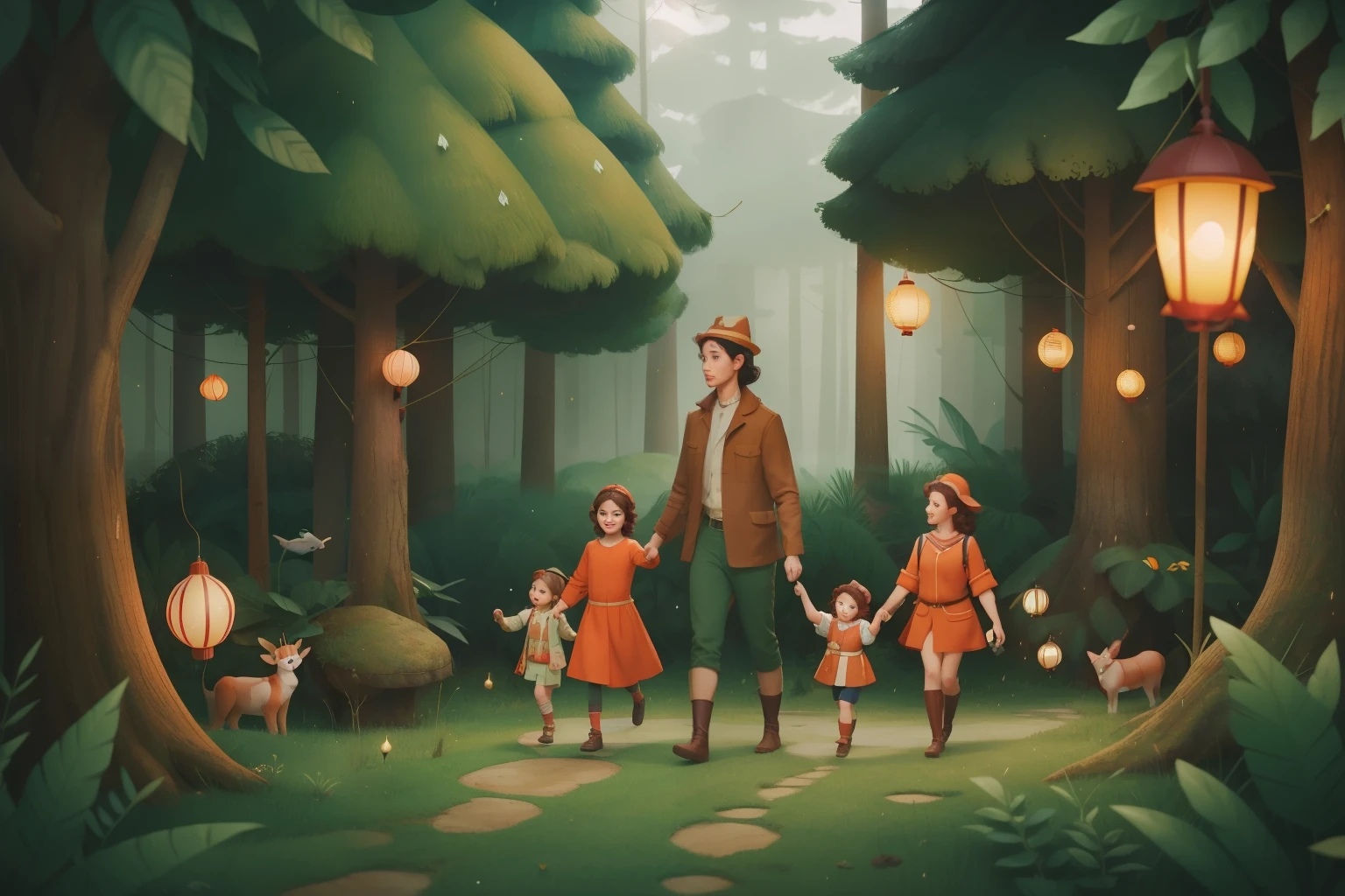 Mysterious Forest Expedition: Envision a single mother, a woman in her thirties with auburn curls, leading her two children on a magical journey through a whimsical forest. The forest is filled with floating lanterns and talking animals, creating an enchanting atmosphere. The family, dressed in coordinated adventure gear, should be captured in Wes Anderson's nostalgic color tones.