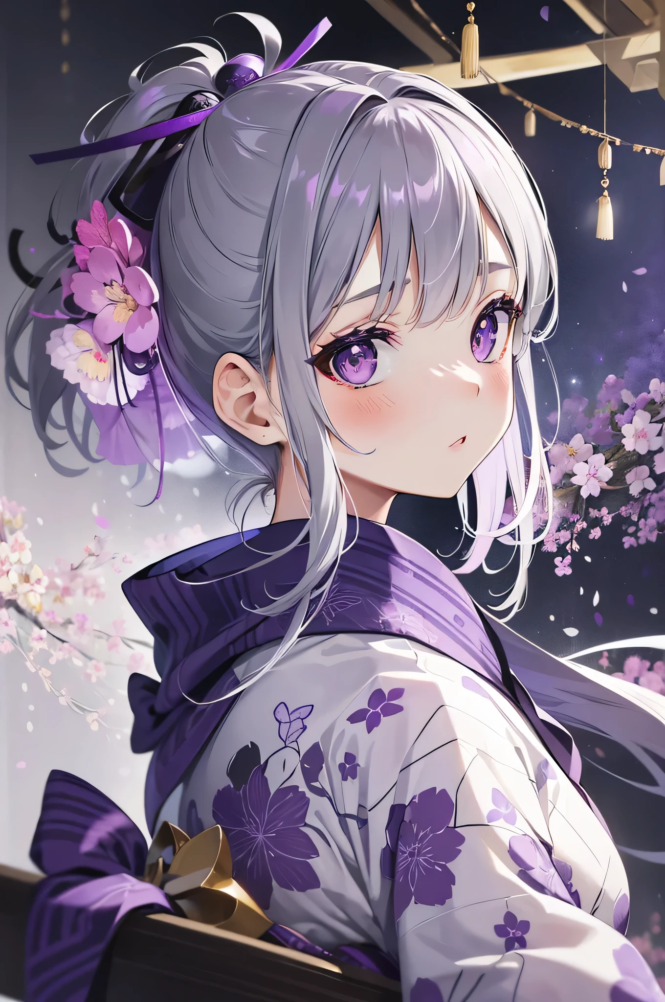 (muste piece, highest quality, ultra high resolution),1 girl,yukata,((yukata)), beautiful and detailed face, fine eyes,((gray and purple theme)),The background is wrapped in white